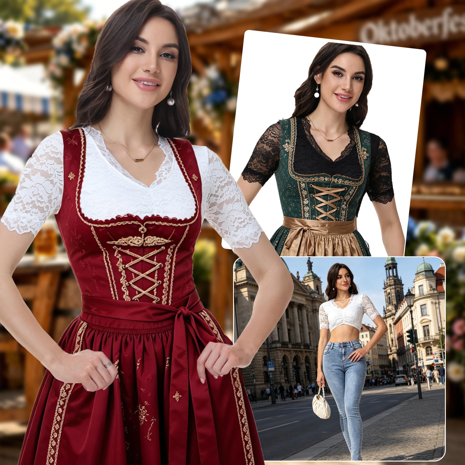 Ahigh Dirndl Bluse Damen Spitze Blumen Dirndlbluse Weiß Schwarz u.a. V-Ausschnitt Dirndl Blusen Kurzarm Elegant Trachtenbluse für Oktoberfest & Festliche Anlässe Größe 34-46