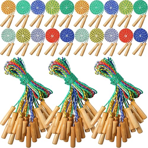 Lenwen 200 cuerdas de saltar ajustables a granel para niños de 7.25 pies de largo, cuerda de saltar de algodón colorido con mango de madera para