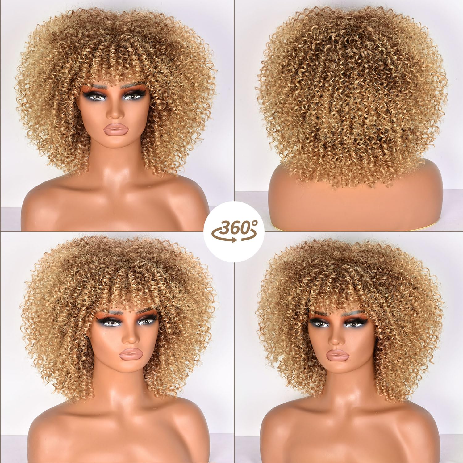 Lizzy 10 Inch Afro Curly Wigs for Black Women Synthetic Afro Wig with Bangs Heat Resistant Short Kinky Curly Wigs for Cosplay and Daily (Ombre Blonde) - Image 4