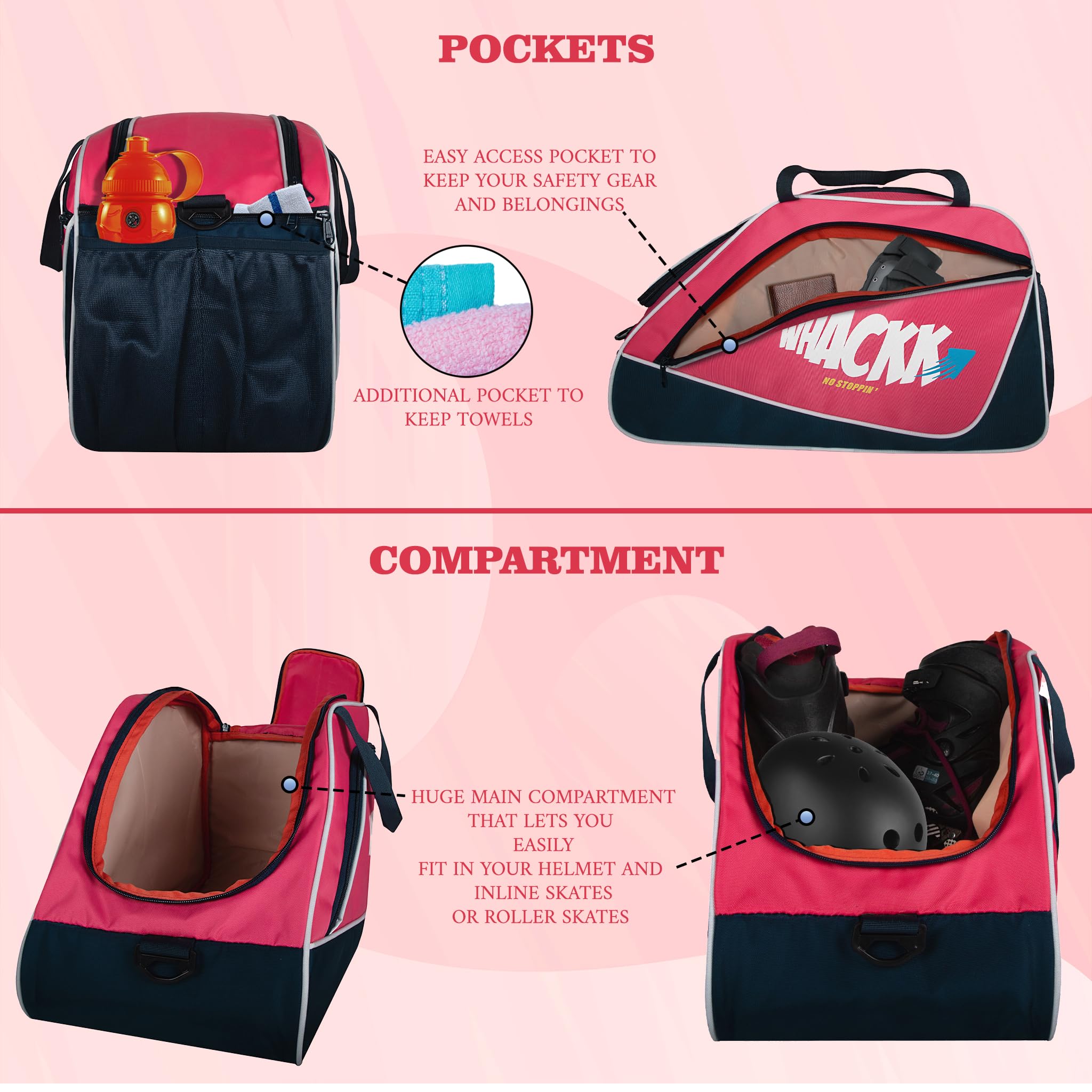 WHACKK Flip Skating Bag Pink Navy | Roller & Quad Skate Carrier for Girls with Adjustable Strap | Padded Skate Bag for Kids, Teens & Adults 1