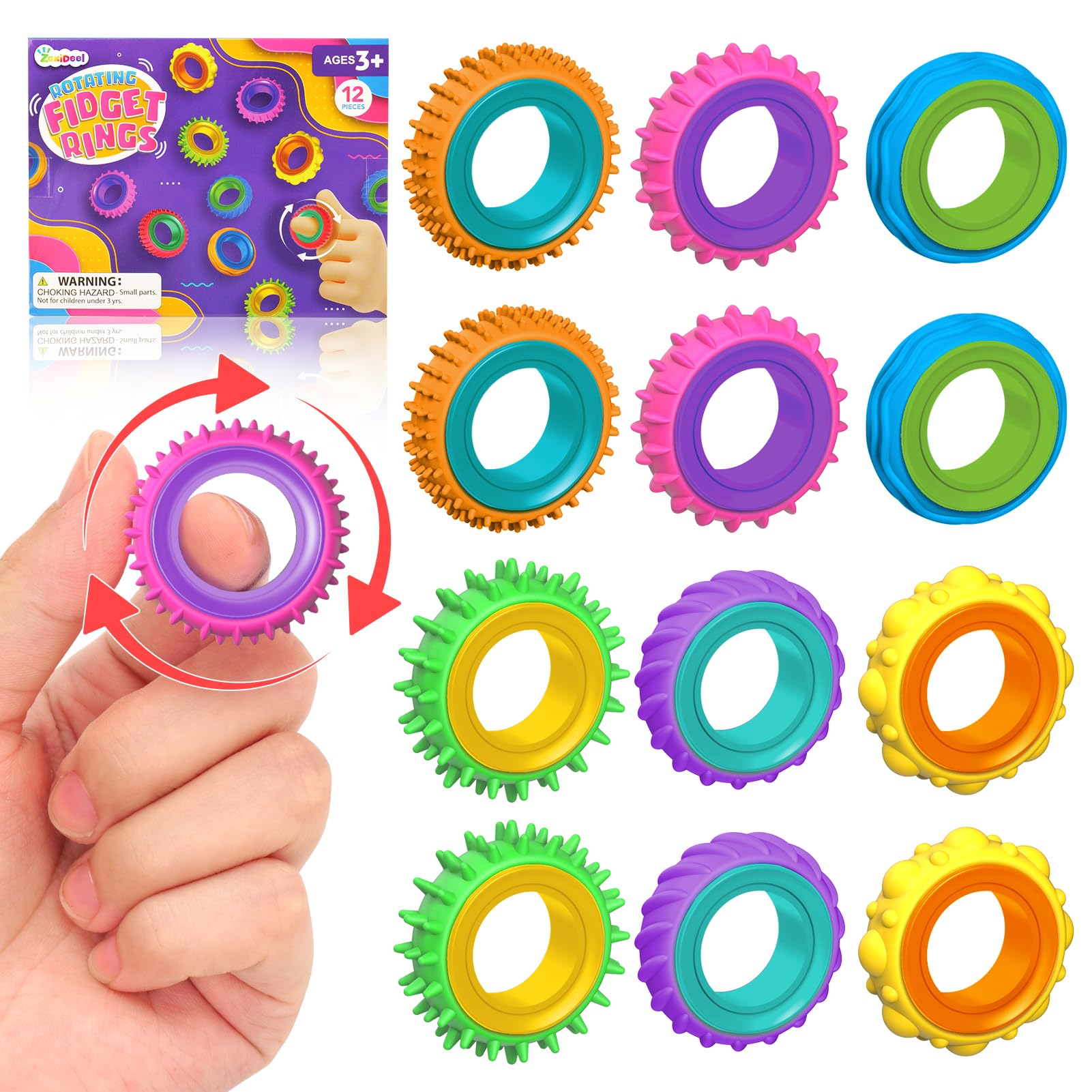 Fidget Toys Sensory Rings for Kids: 12 Pack Finger Spinner Rings, Stress Relief Sensory Toys for Kids with Autism - Fun Classroom Fidgets Toys for Student Prize Stuffers,Valentine Day Gift