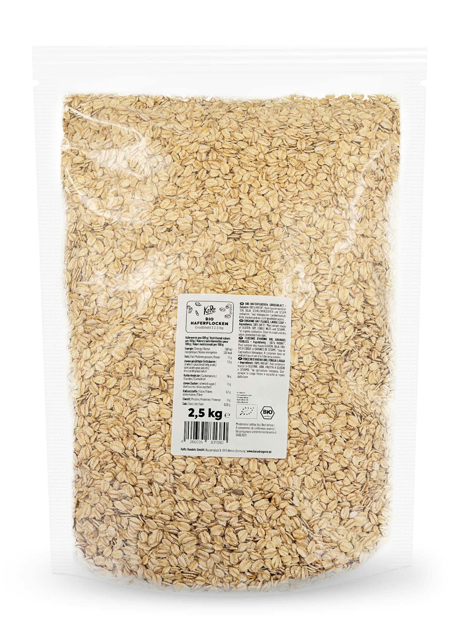 KoRo - Bio Haferflocken Großblatt - Küchenallrounder - Proteinquelle und Ballaststoffreich - Frei von Zusätzen