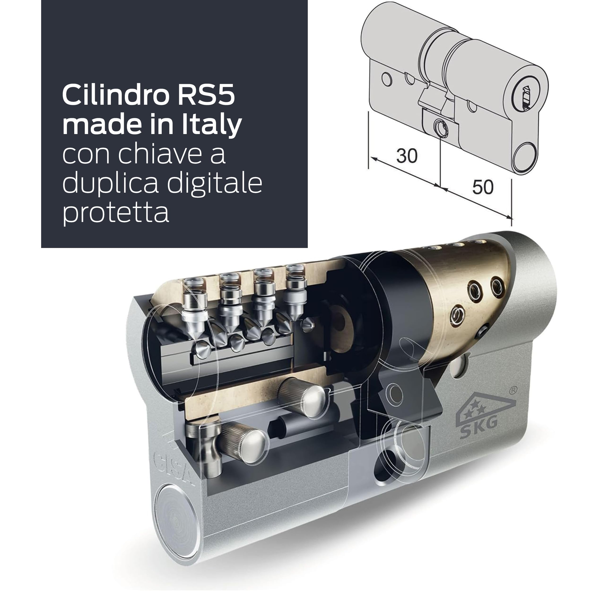 CISA - Cilindro Europeo di Sicurezza RS5 10R3M11701200C5 - Cilindro con 5 File Di Perni Radiali - 5 Chiavi A Duplica Digitale Protetta - Dimensioni 50/30
