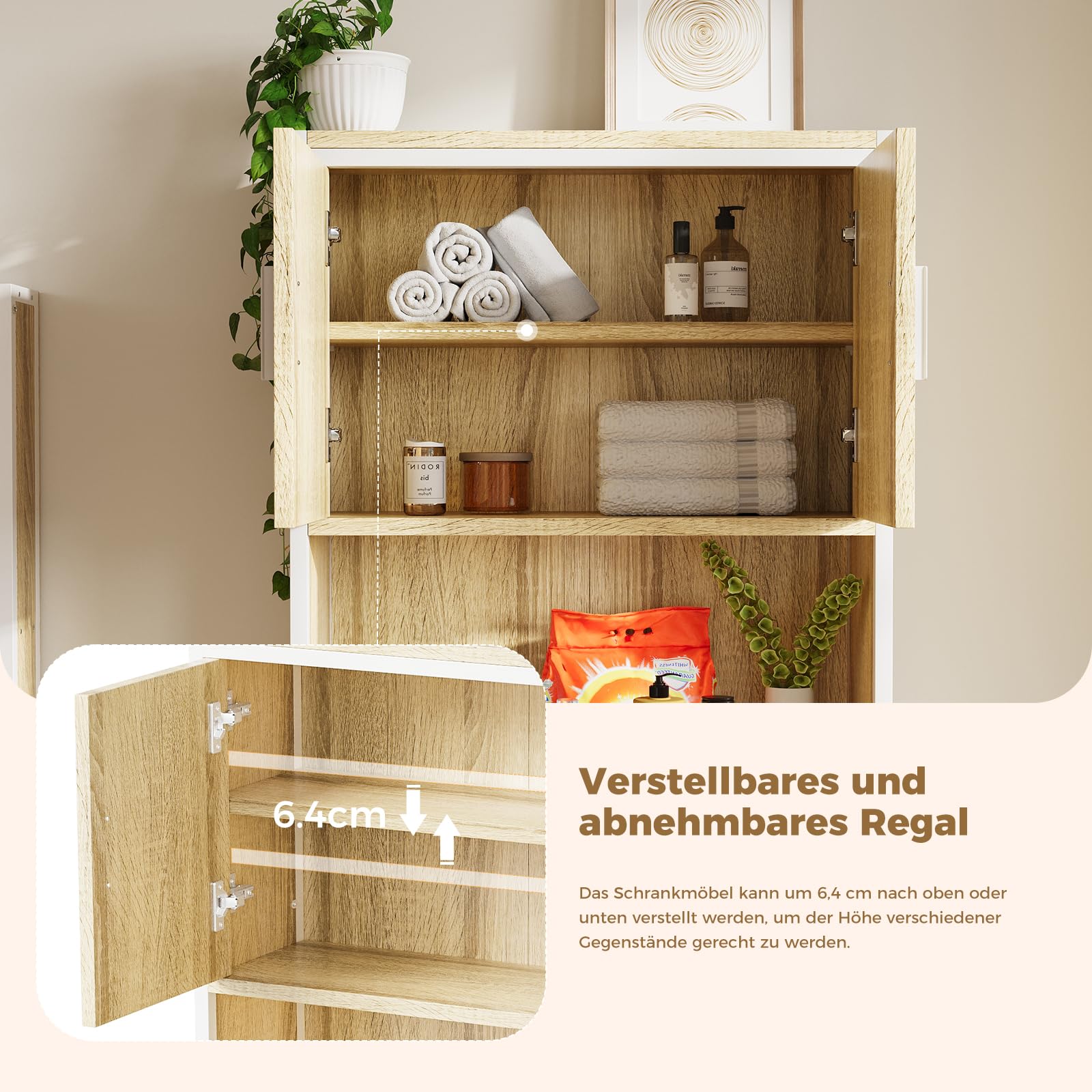 ELUCHANG Mobile Lavatrice,con Ante e Ripiano Aperto,mobile alto per bagno,Mobiletto Bagno Salvaspazio,Rovere Chiaro +Bianco,67x40x174cm