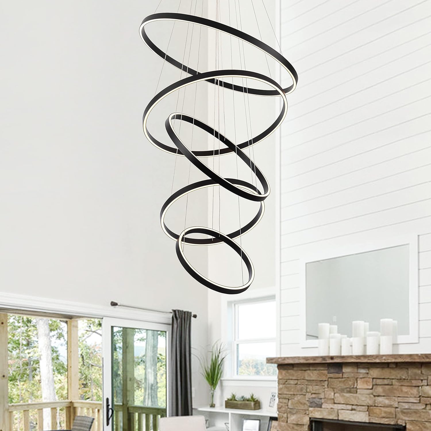 Modern LED Chandelier, 15.7″-31.4″ Ring Chandelier, Black, High Ceiling, Foyer, Living Room Modern LED Chandelier, 15.7″-31.4″ Ring Chandelier, Black, High Ceiling, Foyer, Living Room