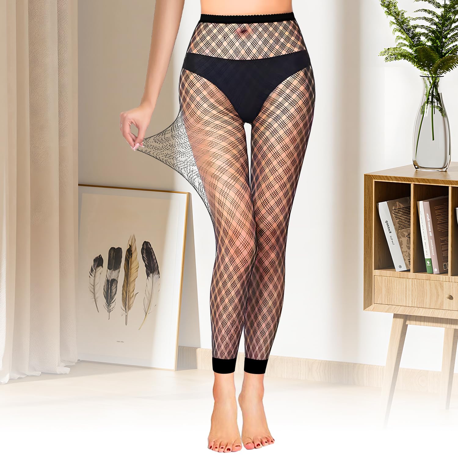 Fohevers Womens Footless Fishnet Tights High Waisted Fishnet Stockings No Toes Pantyhose for Festival Cosplay Halloween Four-line grid - Image 4