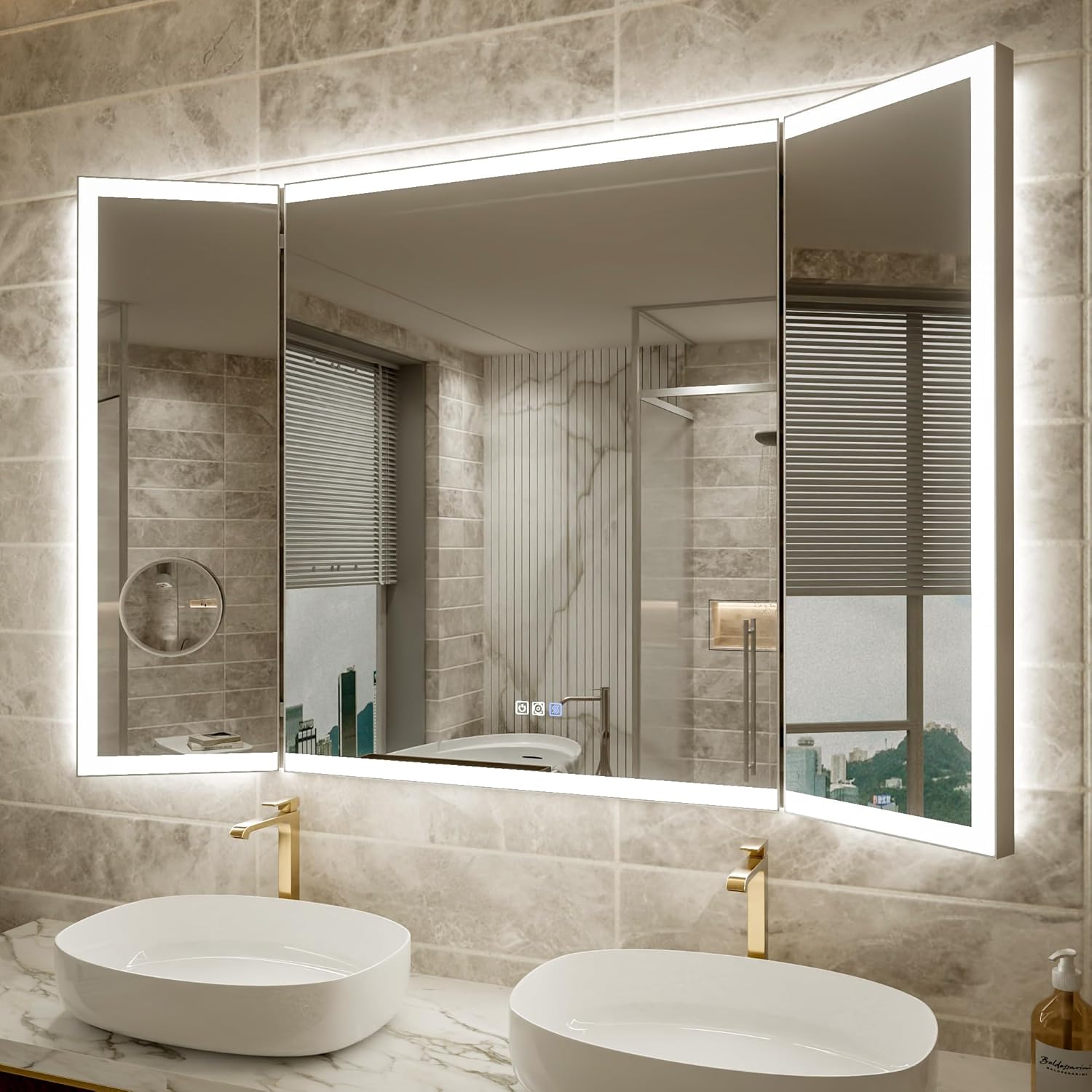 54x36 Trifold Bathroom Mirror 180° LED Makeup Mirror with Lights, 3 Way Bathroom Mirror with Magnetic Magnifier, Front & Backlit, Stepless Dimming, Adjustable LED Light, Anti-Fog for Bathroom