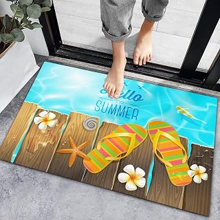 Hello Summer Welcome Mat for Front Door Outdoor Entry Flip Flops Pier Swimming Pool Doormat Indoor Non-Slip Rubber Rug Washable Entrance Floor Porch Door Mat for Home Kitchen Bathroom Decor 16x24in
