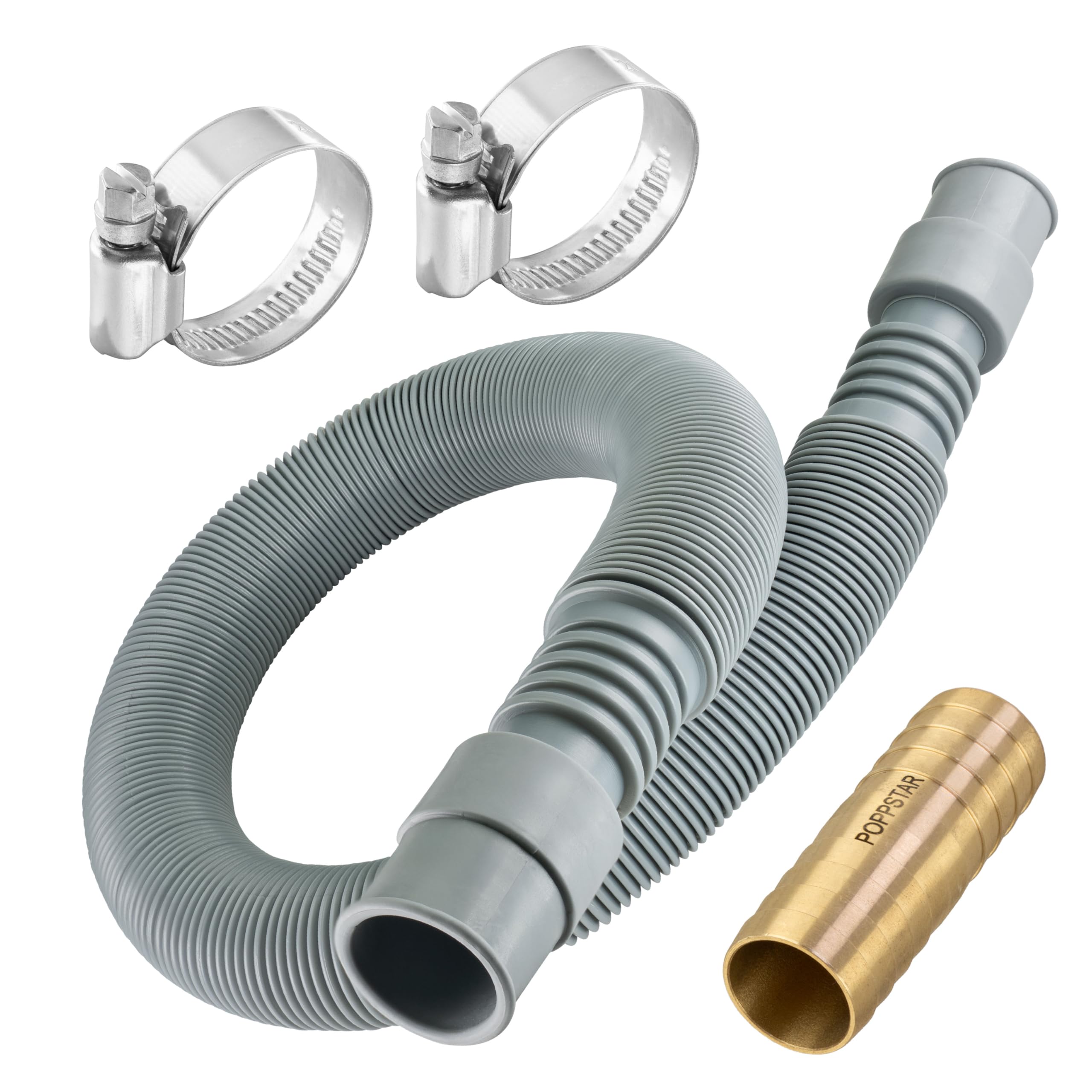 Poppstar Waschmaschinenschlauch Verlängerung Set, flexibler Ablaufschlauch 3/4", ausziehbar von 60 bis 200 cm, Messing Schlauchverbinder 3/4" (19mm), 2x Schlauchschelle (20-32mm)