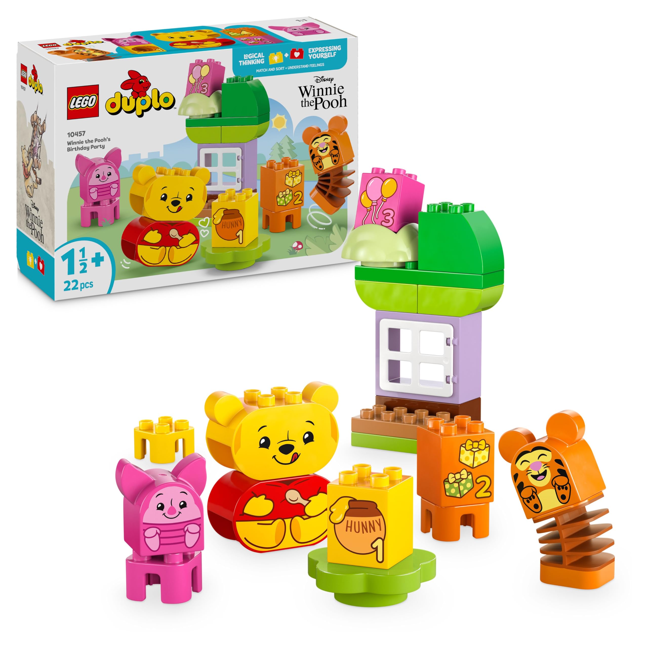 Lego DUPLO | Disney Winnie Puuhs Geburtstagsparty - Lernspielzeug für Vorschulkinder - Set mit 3 Minifiguren, inkl. Winnie Puuh, Tigger & Ferkel - Geschenk für Jungen & Mädchen ab 1 Jahr 10457