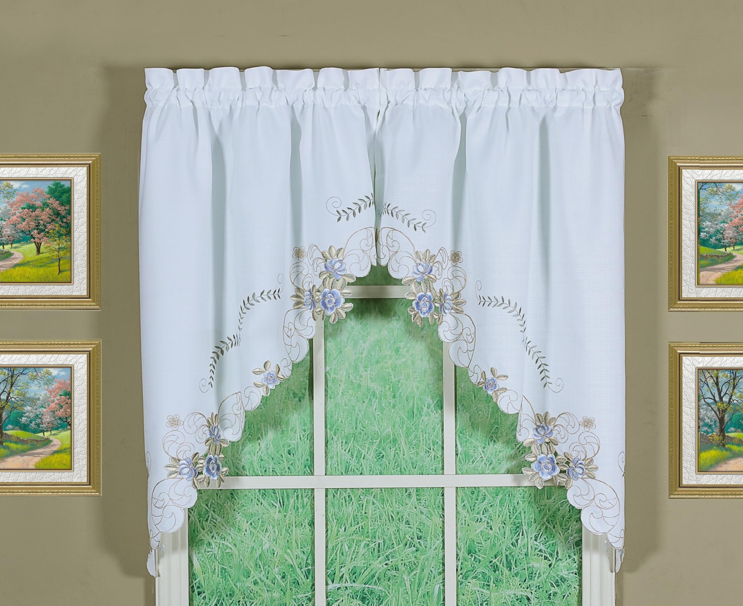 Today's Curtain Verona Reverse Embroidery Window Swag, 38-Inch, White/Blue - Verona CA50304P