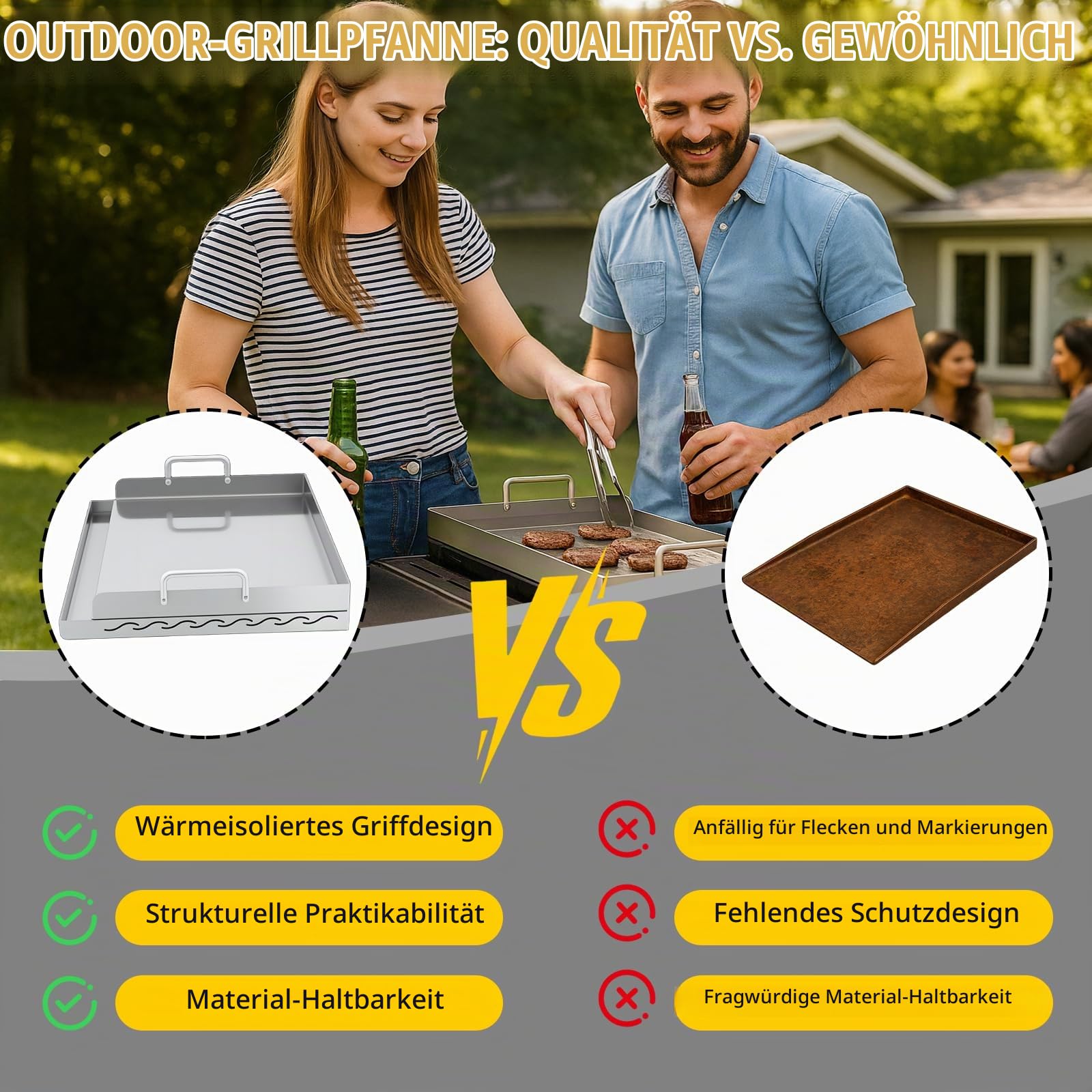 Plancha Grillplatte Edelstahl 51x32x7cm, Grillplatte Gasgrill für Holzkohle Grillwagen & Gasgrill, Antihaftbeschichtung, Fettwanne & Stabiler Aufbau