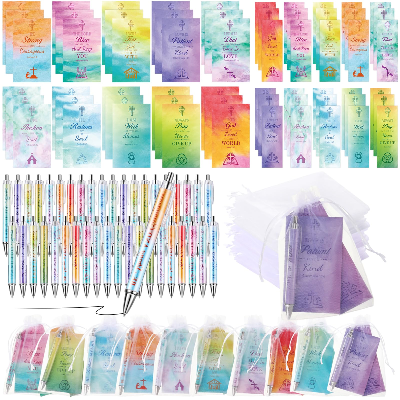 Moinchore 200 Pcs Christian Gifts for Women Christian Accessories Include 50 Bible Verses Notebooks 50 Church Bookmarks 50 Scripture Pens 50 Organza