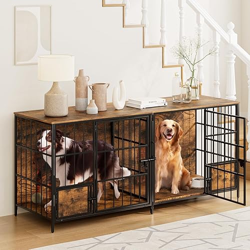 aboxoo Mueble grande de 72 pulgadas para perros para 2 perros, jaula doble de madera XXL para perros para razas grandes, soporte de TV con divisor,