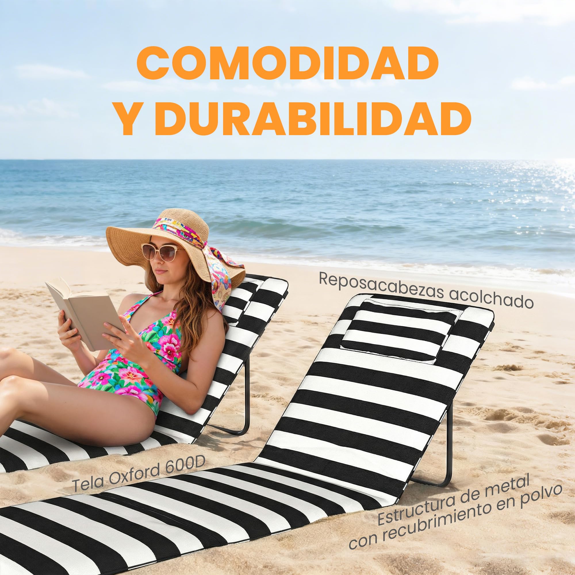 Outsunny Conjunto de 2 Esterillas de Playa Plegable, Esteras Portátil con Respaldo Ajustable, Reposacabezas Acolchado Tela Oxford 600D y Estructura de Metal, para Jardín, 150x50x2 cm, Gris y Blanco
