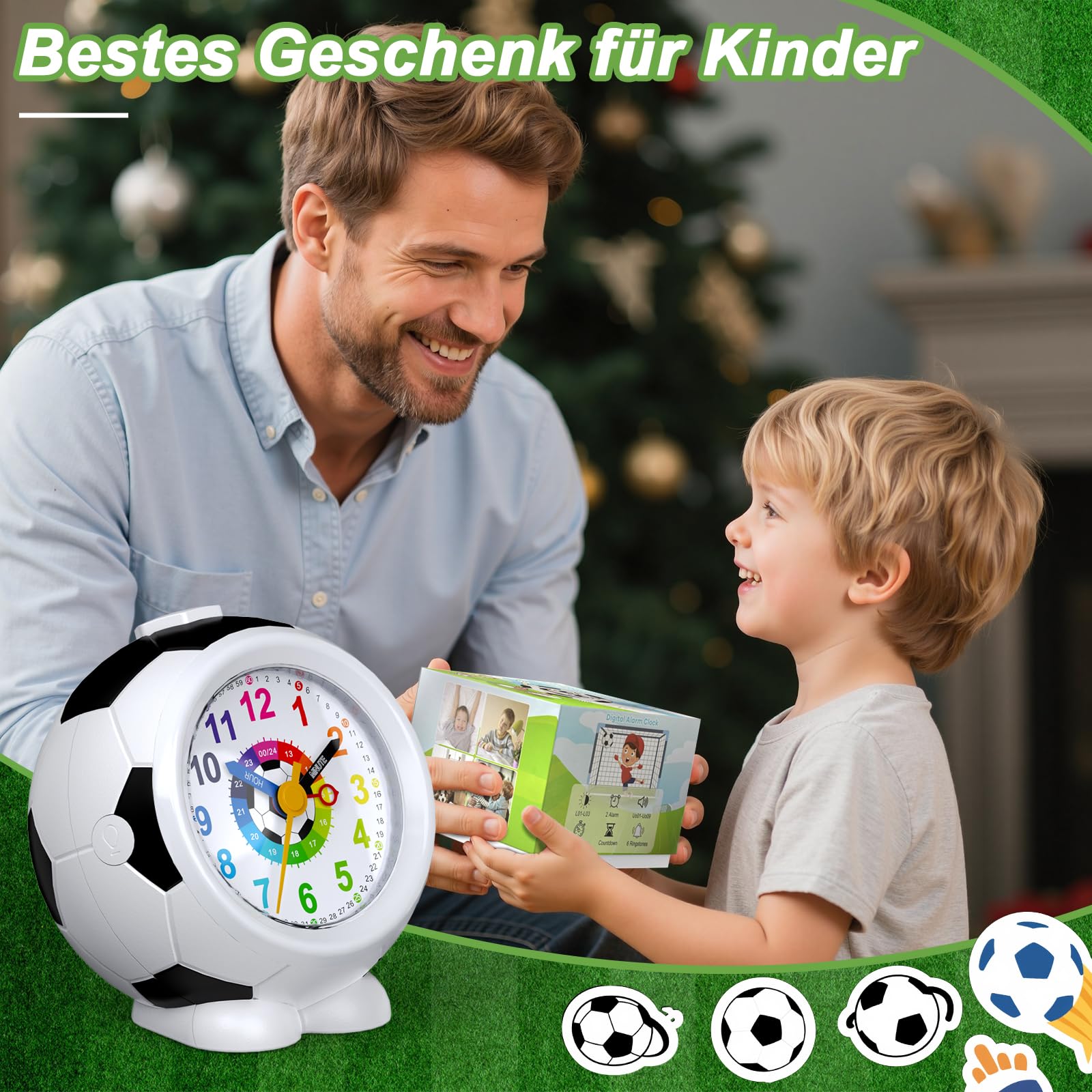 Réveil Enfant Football Garçon Fille Horloge Pédagogique Analogique Silencieux sans Tic-Tac avec Veilleuse Snooze Antidérapant Idée Cadeau Éducatif 5-12 Ans