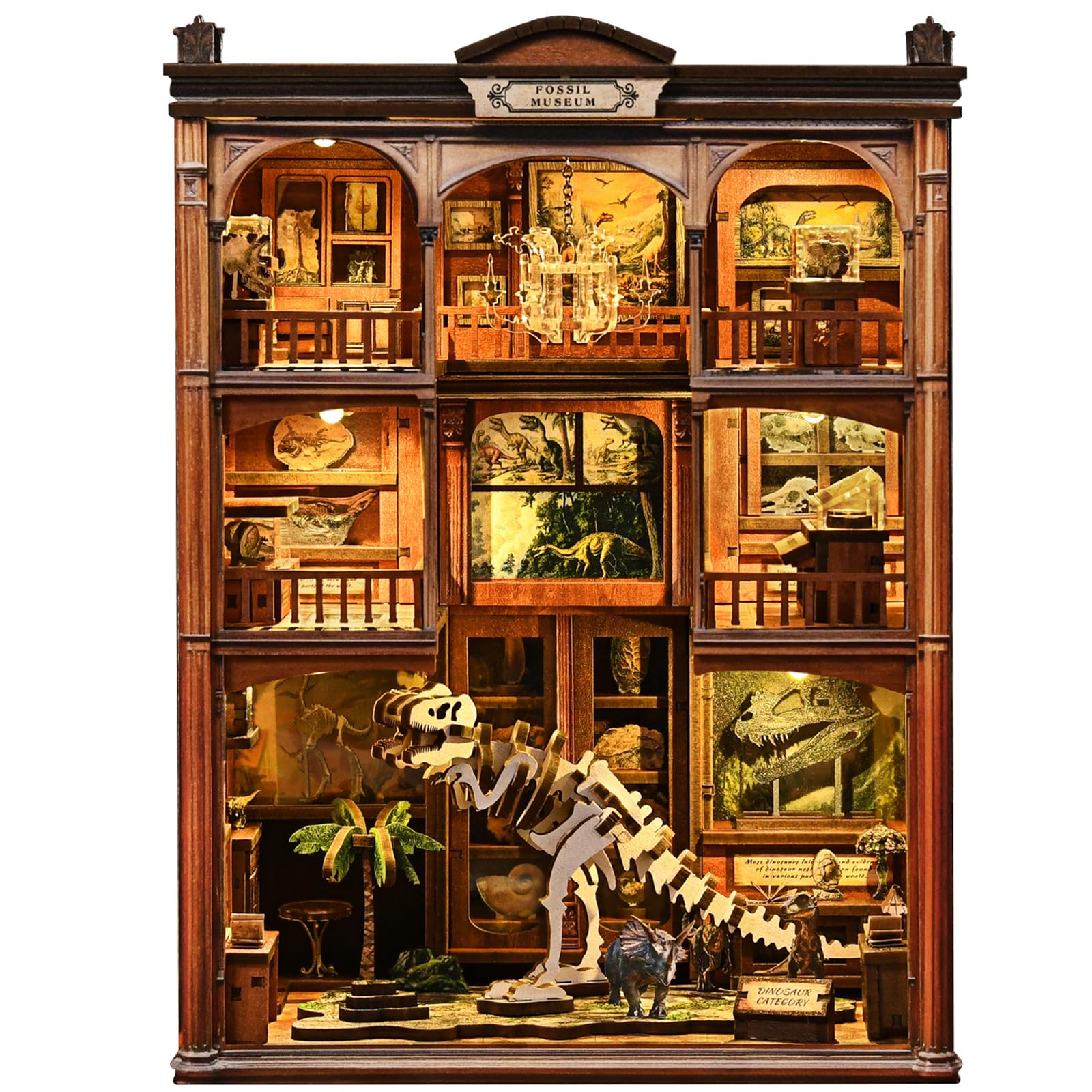 Teoryieer Book Nook Kit for Adults - Wooden DIY Dollhouse Miniature House Kit with LED Light | Creative Bookshelf Decoration Set Wooden 3D Puzzles for Book Lovers (Dinosaurs)