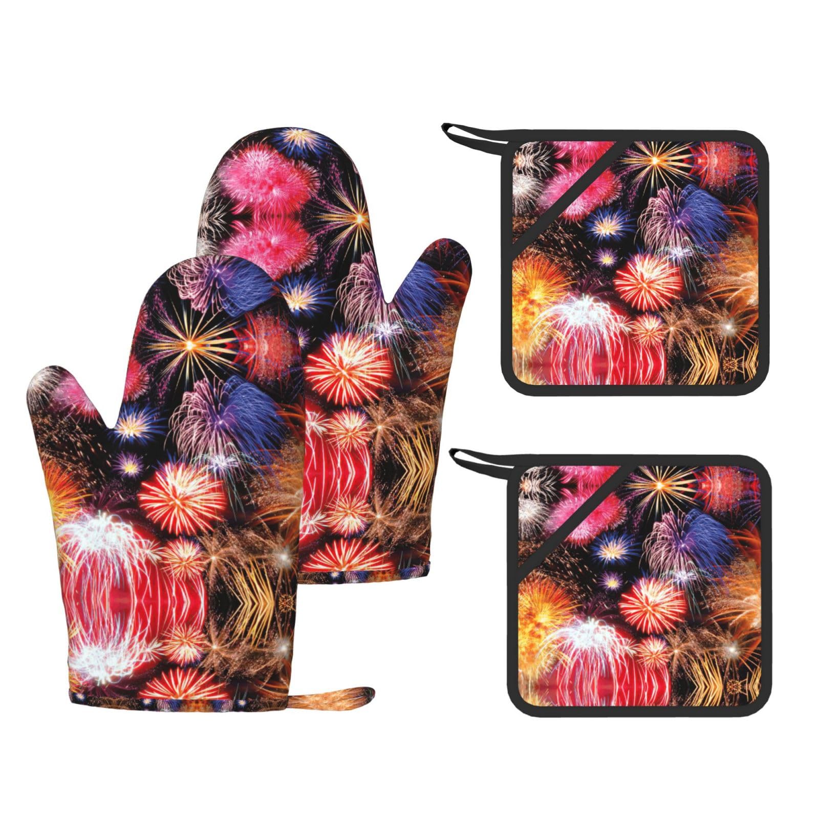 Beautiful Fireworks Printed Oven Gloves and Hot Pads Set of 4, High Heat Resistant Silicone Mitts for Cooking BBQ