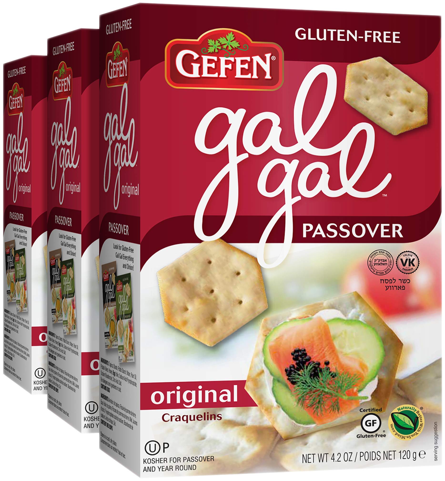 Gefen Gluten Free Gal Gal Original Crackers 4.2oz (3 Pack), Low Fat, Zero Sugar, All Natural, Kosher for Passover