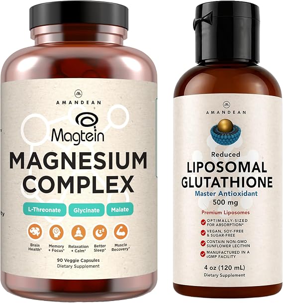 AMANDEAN Premium Liposomal Glutathione & Magnesium Complex Bundle. Antioxidant. Liquid Setria. High-Absorption Magnesium Threonate, Glycinate & Malate. Brain & Liver Health. Memory, Focus & Sleep