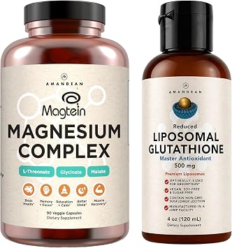 AMANDEAN Premium Liposomal Glutathione & Magnesium Complex Bundle. Antioxidant. Liquid Setria. High-Absorption Magnesium Threonate, Glycinate & Malate. Brain & Liver Health. Memory, Focus & Sleep