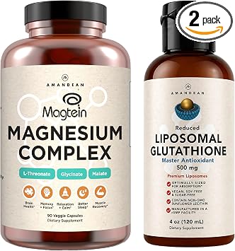 AMANDEAN Premium Liposomal Glutathione & Magnesium Complex Bundle. Antioxidant. Liquid Setria. High-Absorption Magnesium Threonate, Glycinate & Malate. Brain & Liver Health. Memory, Focus & Sleep