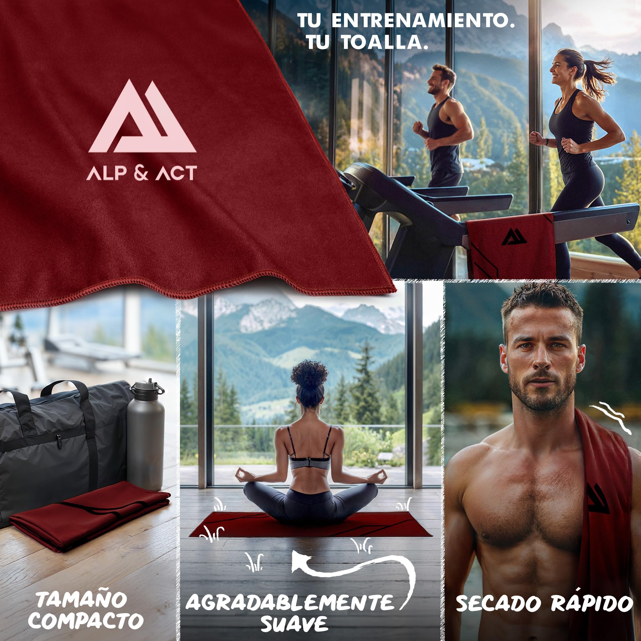 ALP & ACT Toalla de Microfibra para Deporte y Fitness - 100% reciclada – Extra COMPACTA y Absorbente – Ideal para Gimnasio, Yoga o Sauna – Toalla Deportivo de Secado rápido - Rojo, 140x70