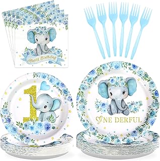 Grencian 96pcs Happy Birthday Party Decorations Blue Elephant 1st Paper Plates and Napkins Gold 1st Blue Floral Tableware Sets for One Year Old Baby Shower Boys Girls Birthday Party Serves 24