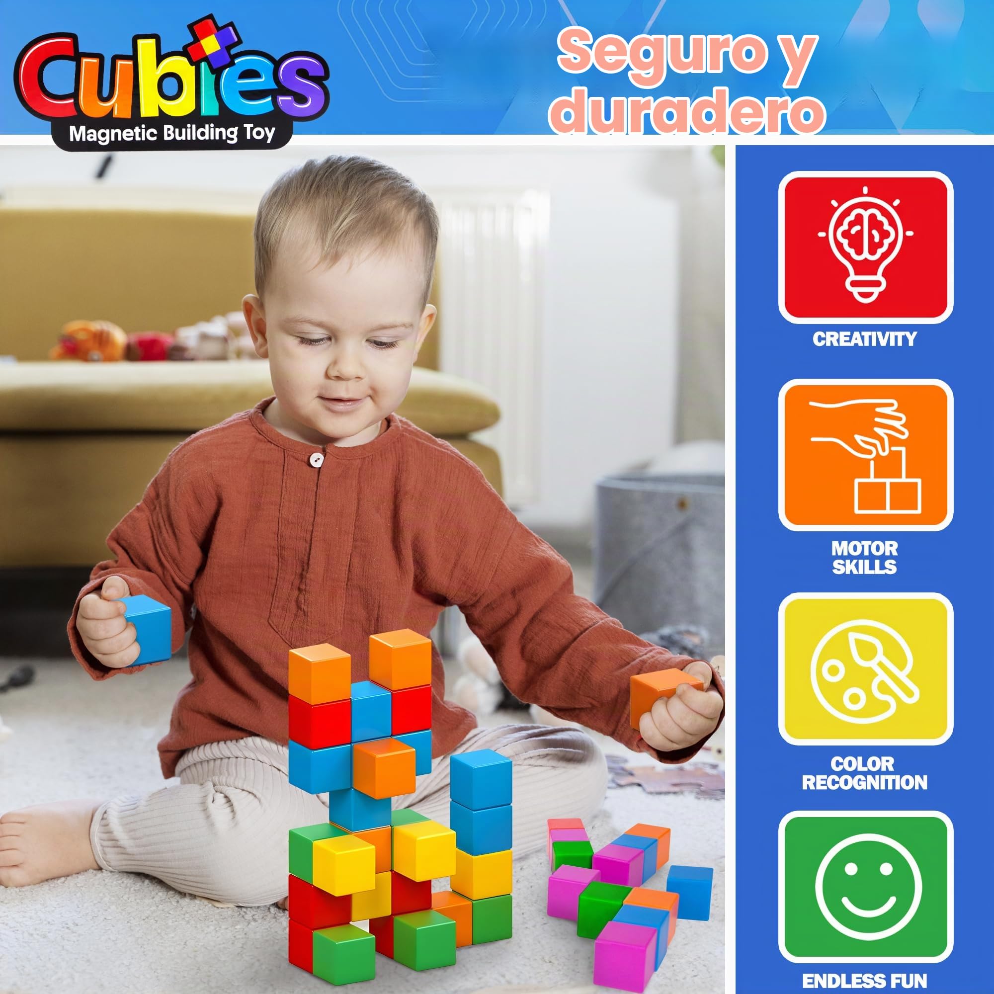 Playmags Juguete De Construcción con Bloques Magnéticos, 64 Cubos Magnéticos, Juguetes Stem para Niños Pequeños y Preescolares, Juguete Educativo De Construcción Sensorial para Niños y Niñas.