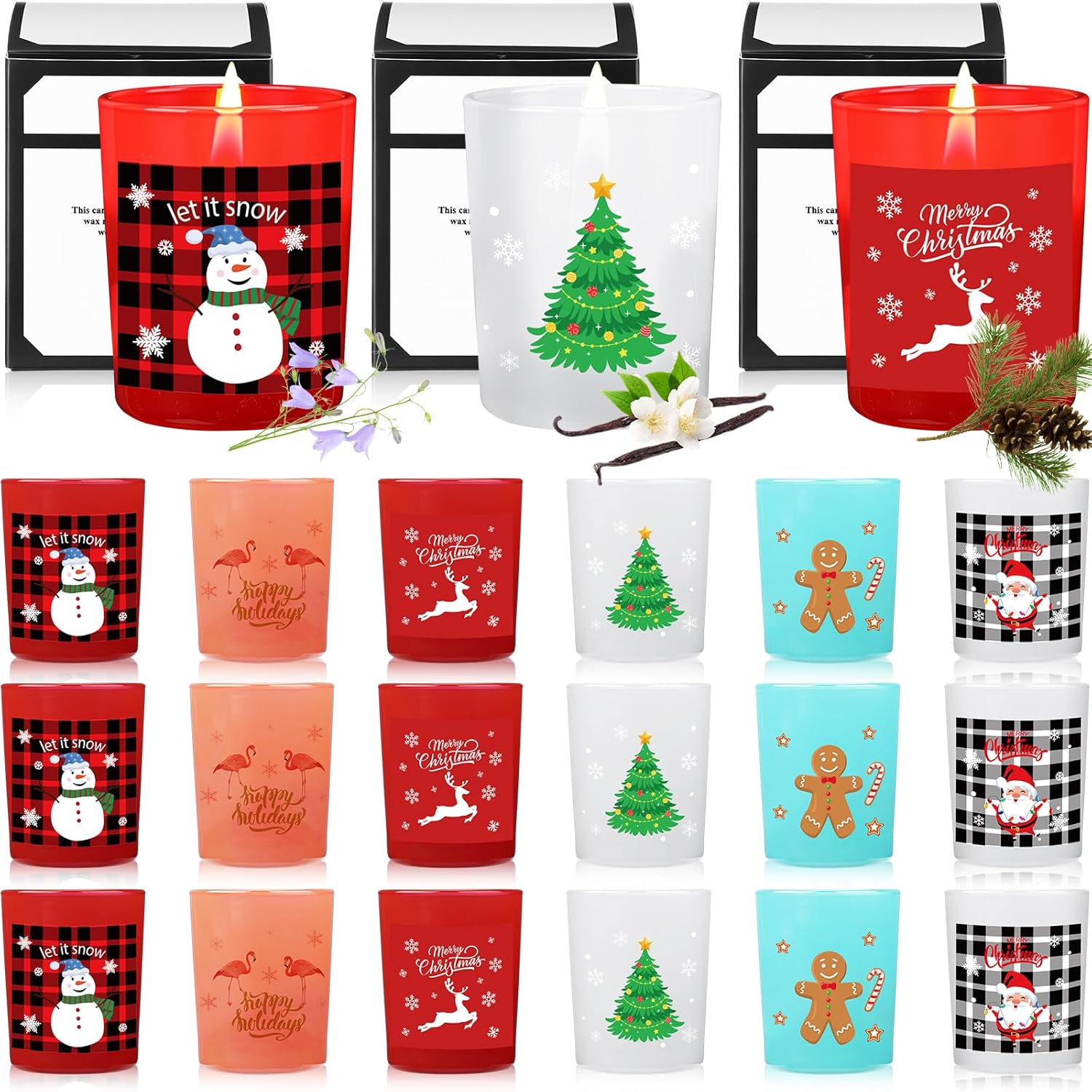 Nuanchu 18 Pack Christmas Glass Candles Set Bulk with 18 Fragrances Christmas Scented Candle Gifts Winter Holiday Natural Soy Wax Jar Aromatherapy Candles for Women Xmas Presents Yoga Decoration