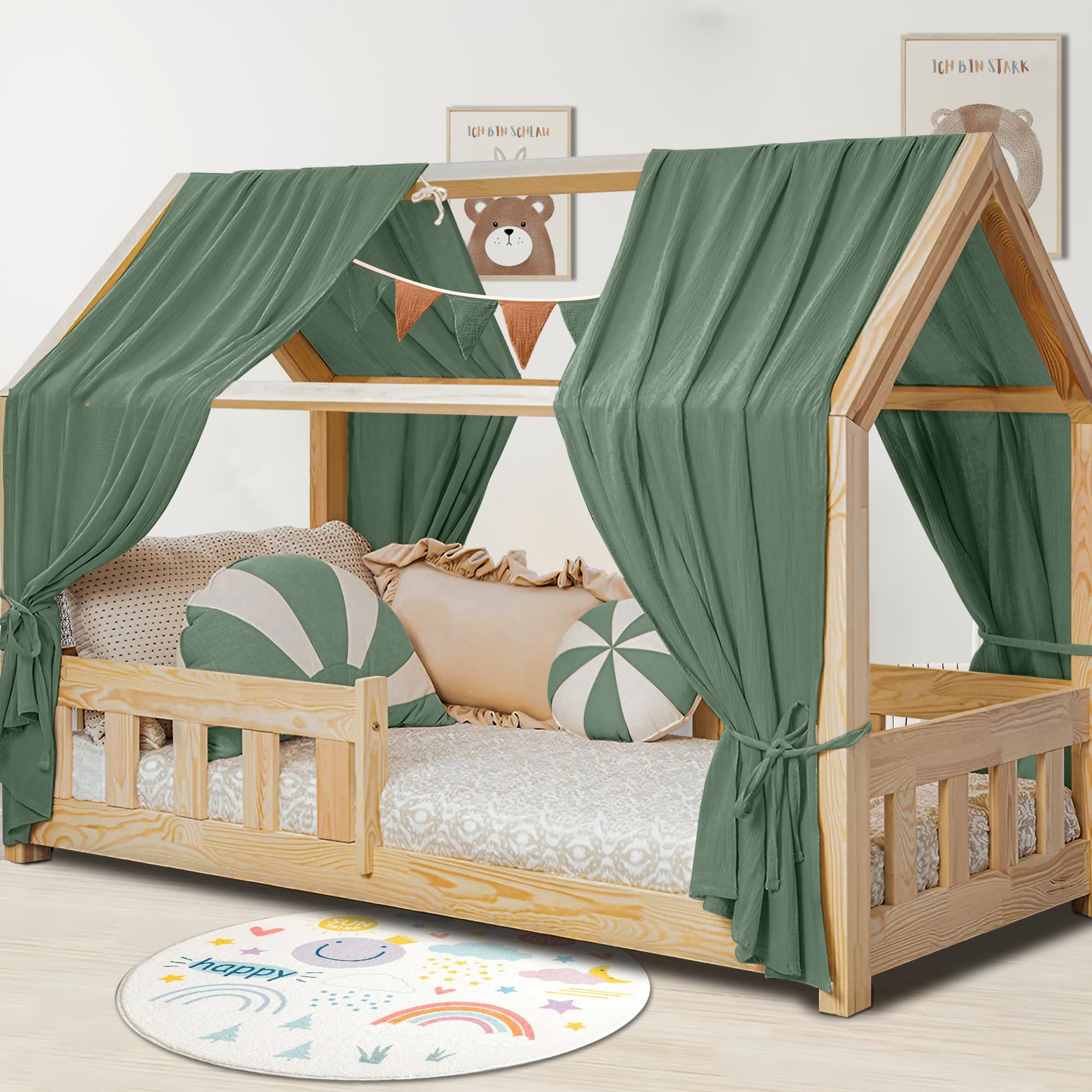 House Bed Canopy Decoration Set, Bed Canopy House Bed Made of Muslin - 2 Bed Canopies & 1 Bunting for Boys Girls Decoration for Children's Room, Canopy Children's Room Decoration I 135 x 320 cm Dark