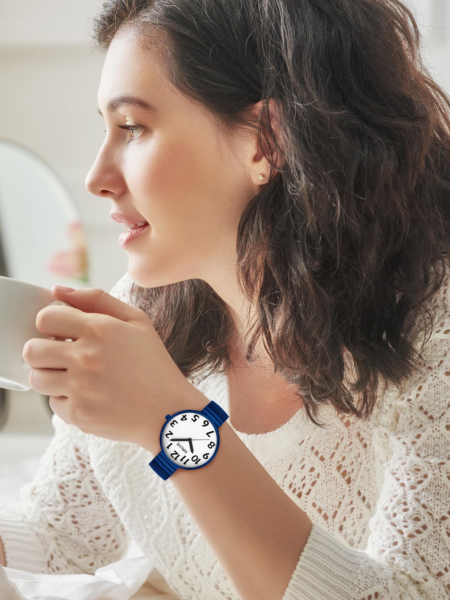 Femme Homme Facile à Lire Super Grand Cadran Chiffres Arabes Bracelet Élastique en Acier Inoxydable Montre à Quartz Analogique
