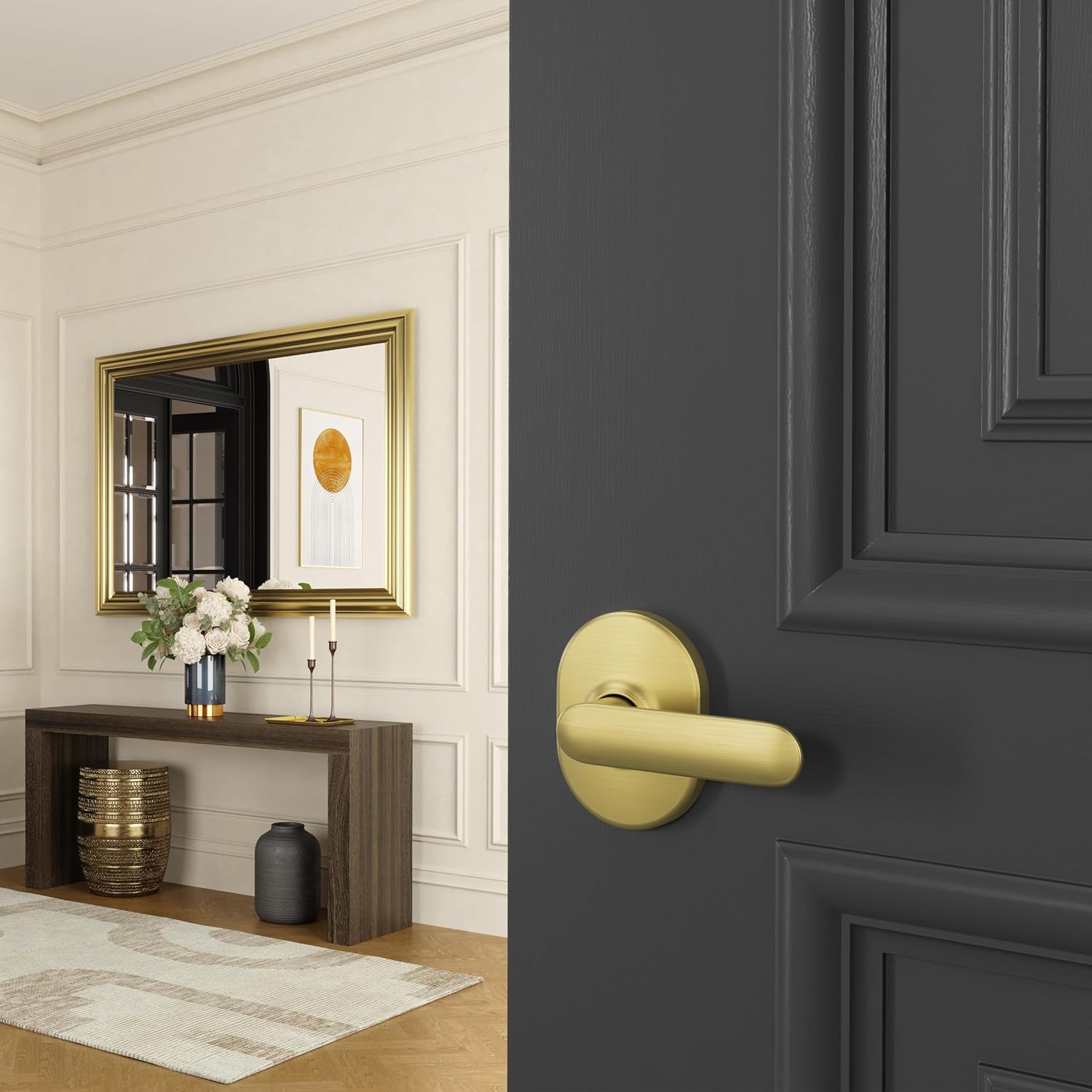 Schlage F10 DAV 608 RMN Davlin Door Lever with Remsen Trim, Hall & Closet Passage Lock, Satin Brass