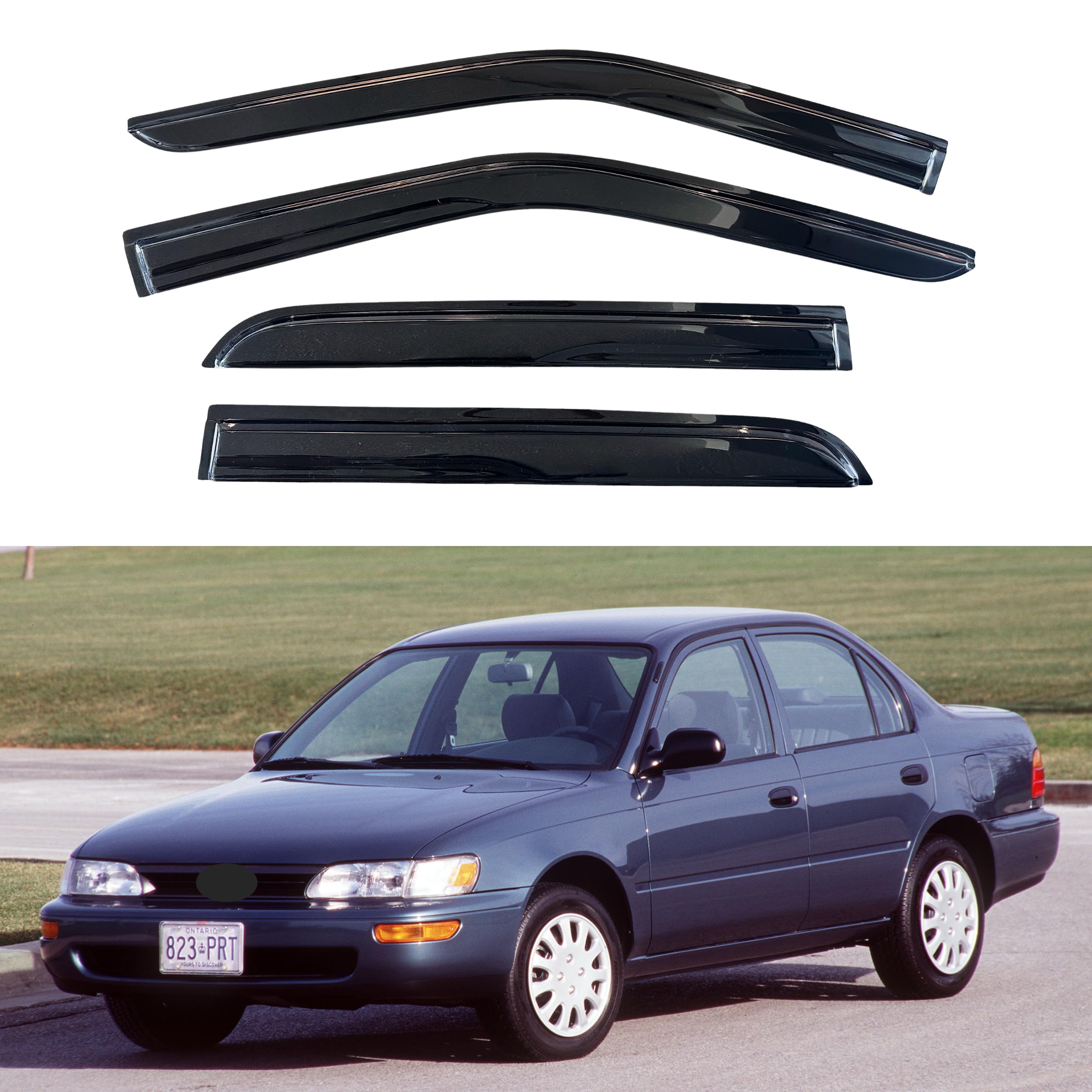 KPY Rain Guard Compatible with Toyota Corolla Sedan 1993-1997, 4PC Window Visor Side Window Vent Deflectors Tape-On Mugen Style, 1993 1994 1995 1996 1997
