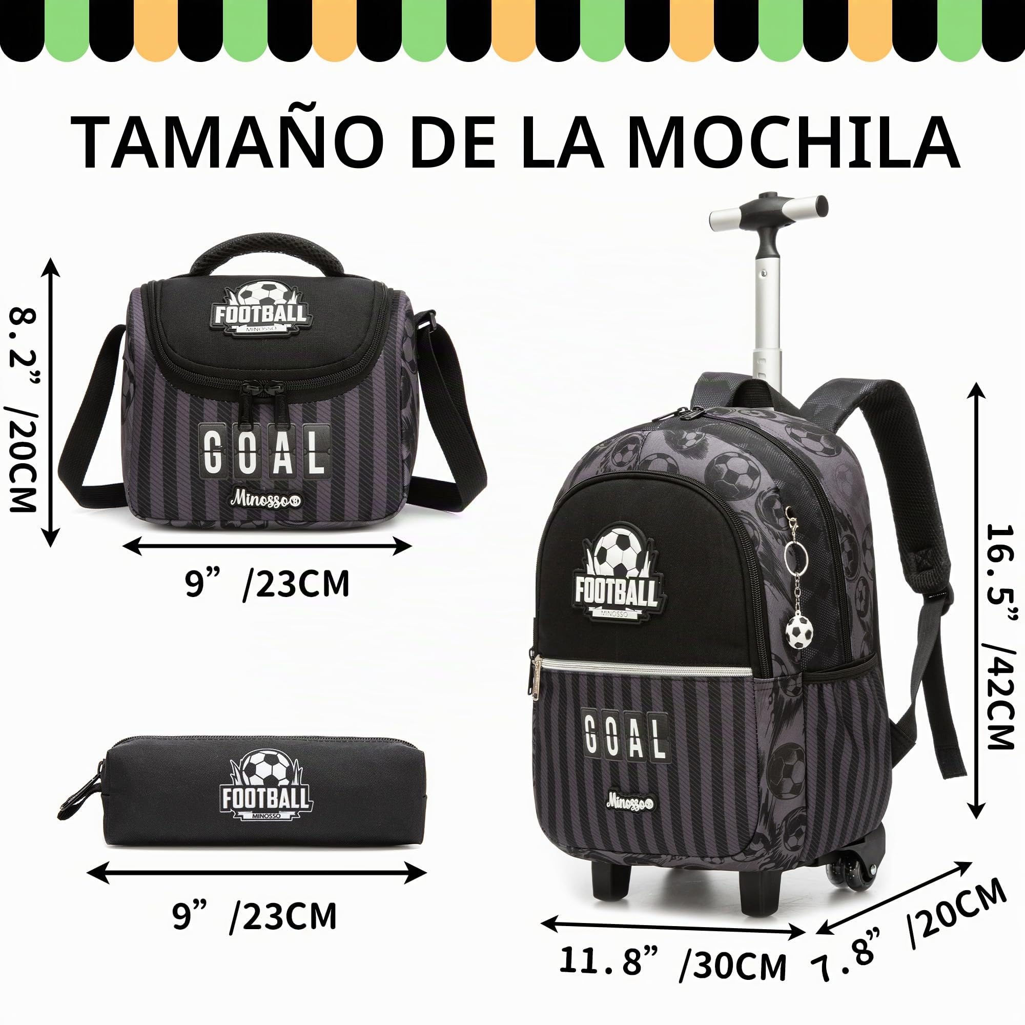 HTgroce Mochila Escolar Niños con Ruedas Fútbol– Trolley Primaria Ergonómico – Ideal para Vuelta al Cole y Regalo de Cumpleaños