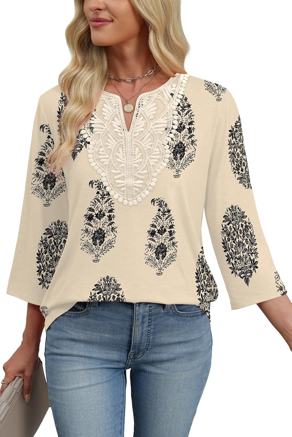 WIHOLL 3/4 Length Sleeve Womens Tops Boho V Neck Lace Shirt Trendy Blouses Dressy Casual Vacation Clothes S-3XL - Image 4