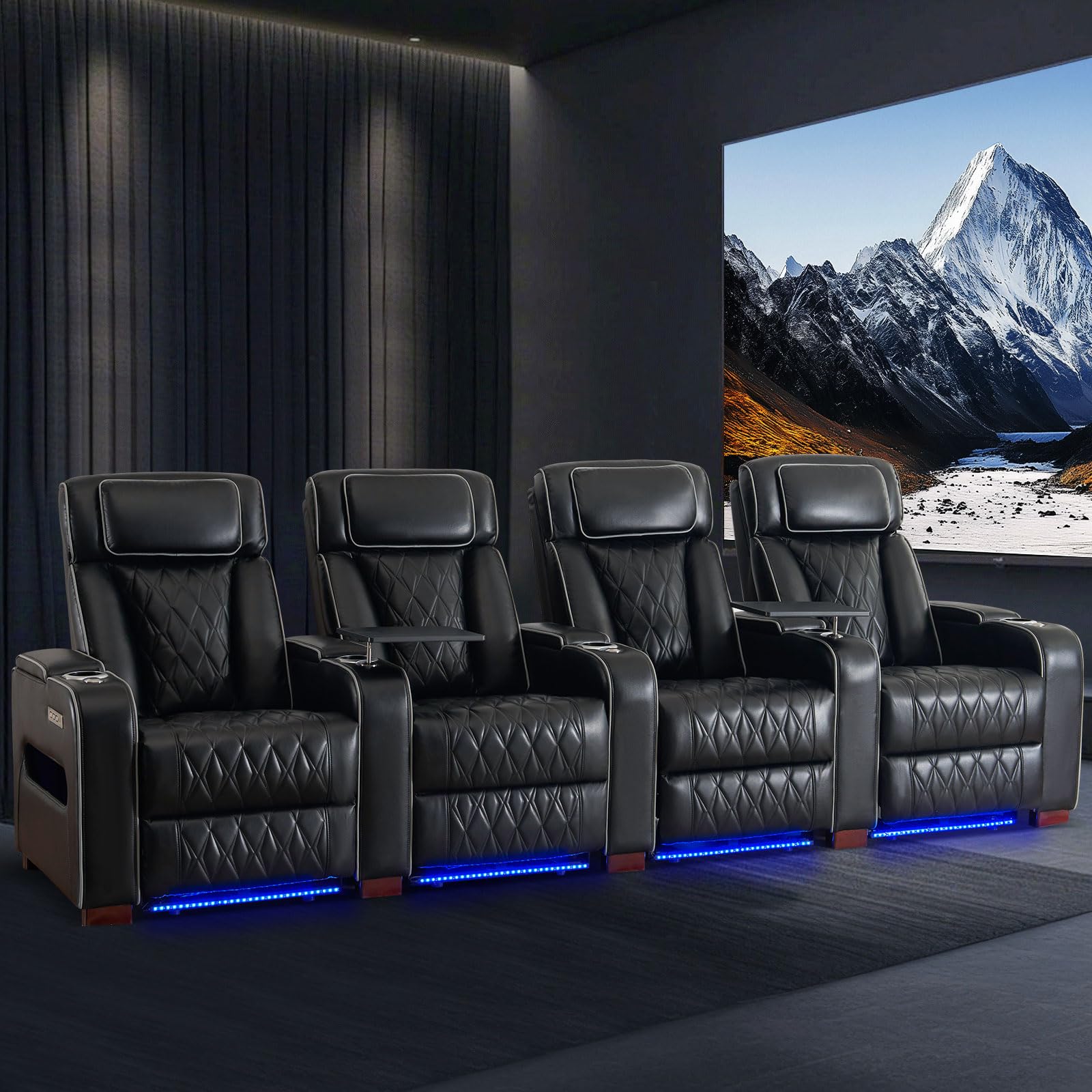 CALIVIA Luxury Home Theater Seating – Power Recliner with Adjustable Headrests, Blue LED Ambient Lighting, Tray Table, USB & Type-C Charging (Black,4