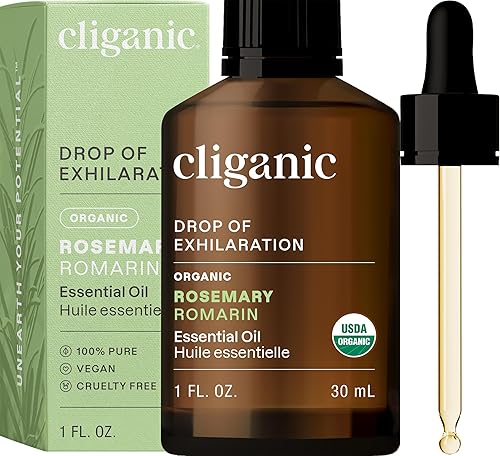 Cliganic Aceite esencial de romero orgánico para cabello, piel, aromaterapia, 100% puro y natural sin diluir  Con verificación sin OMG
