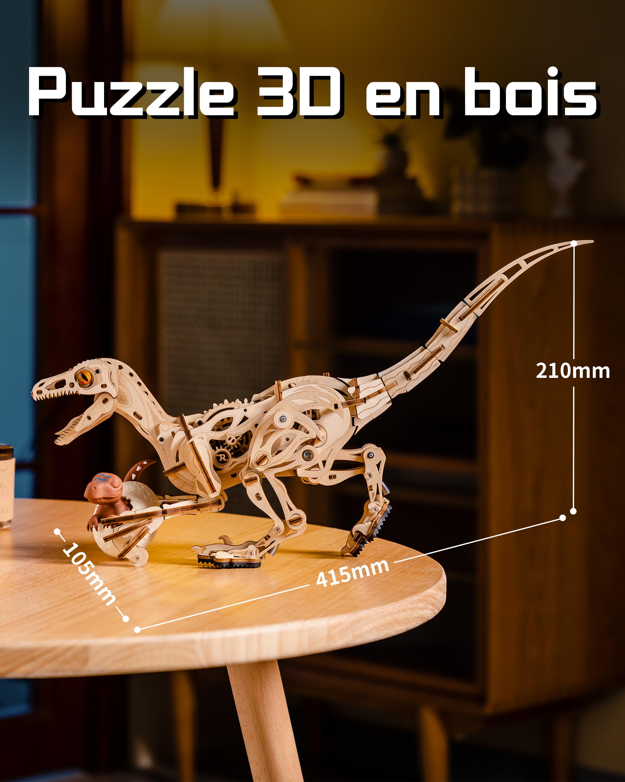 ROBOTIME Puzzle 3D Dinosaurier Kit pour Adultes & Enfants, Modèle Velociraptor à Remonter, Jouet Éducatif STEM, Kit Construction Mécanique, LD01
