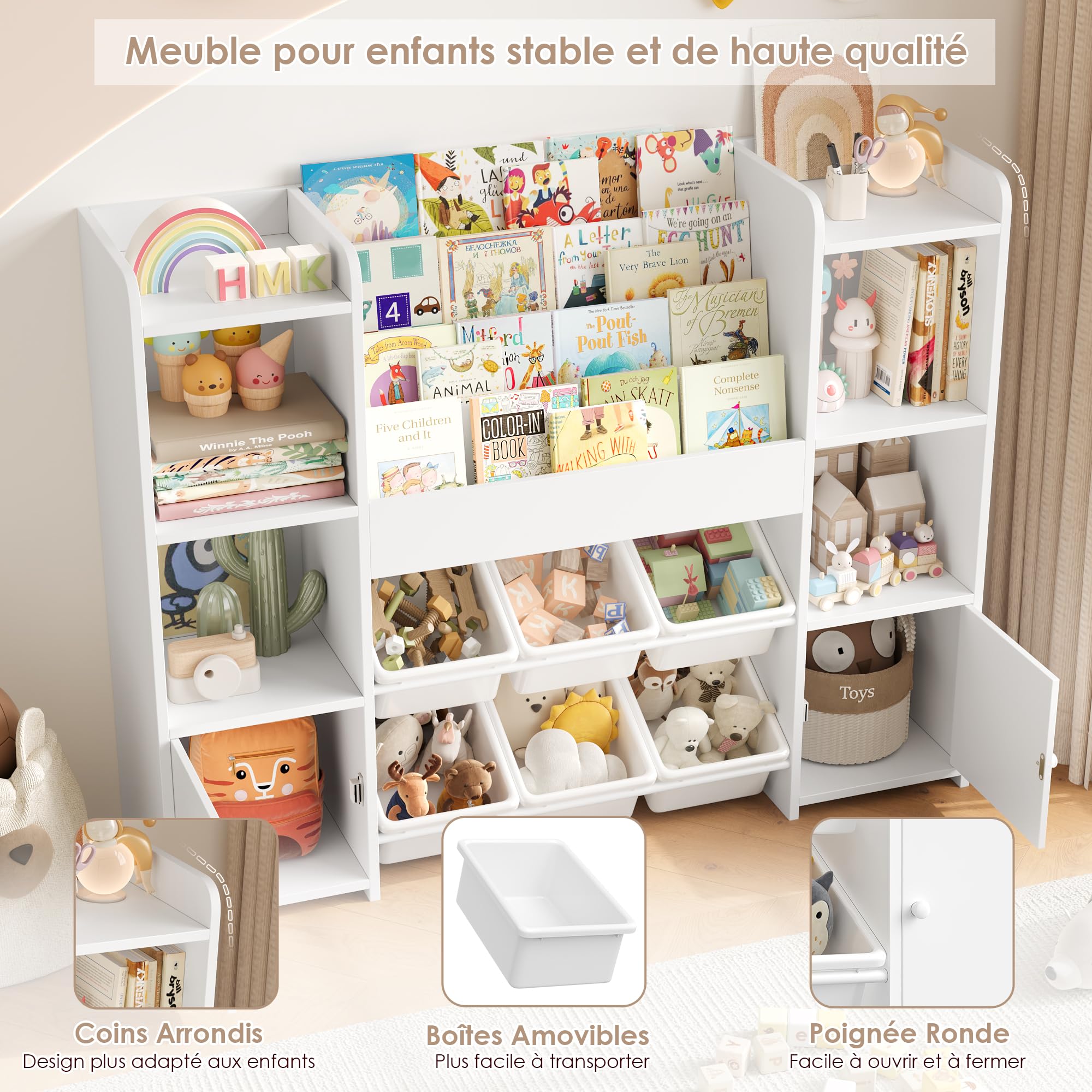 FOREHILL Meuble Rangement Enfant Bibliothèque Enfant avec 6 Boîtes Amovibles 12 Étagères Rangement Jouet Enfant pour Chambre d’Enfant Salle de Jeu Blanc