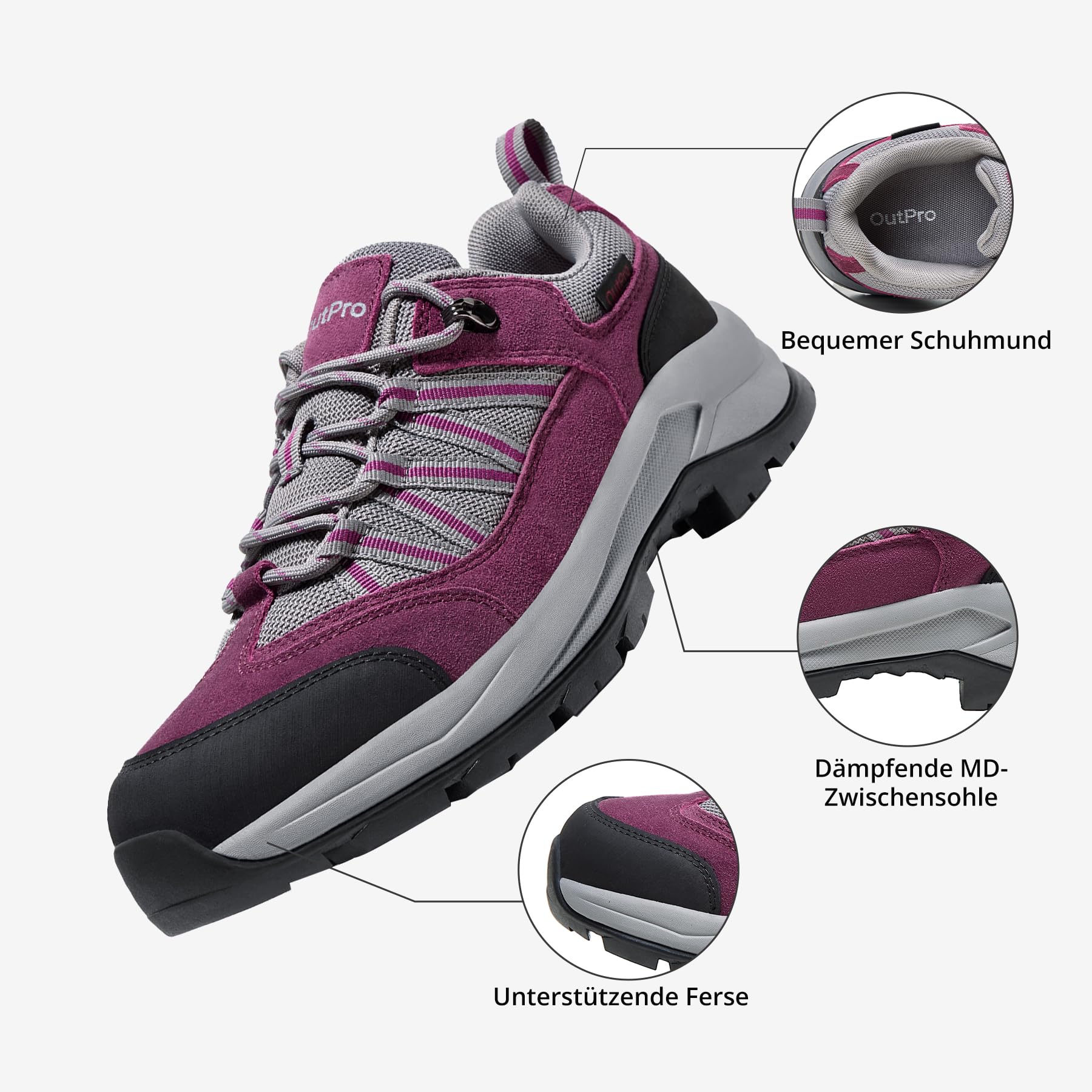 OutPro Wanderschuhe Damen Leicht Atmungsaktiv Dämpfend rutschfest Trekking Wandern Outdoor Trail-Laufschuhe,Wandern，Bergsteigen