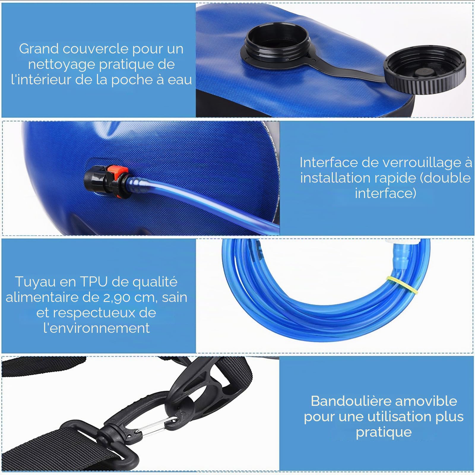 Douche de Camping Portable 20 L avec thermomètre et Pompe à Pied | TPU résistant, poche pliable, fenêtre transparente, double raccord, tuyau amovible, débit réglable, randonnée, plage, animaux