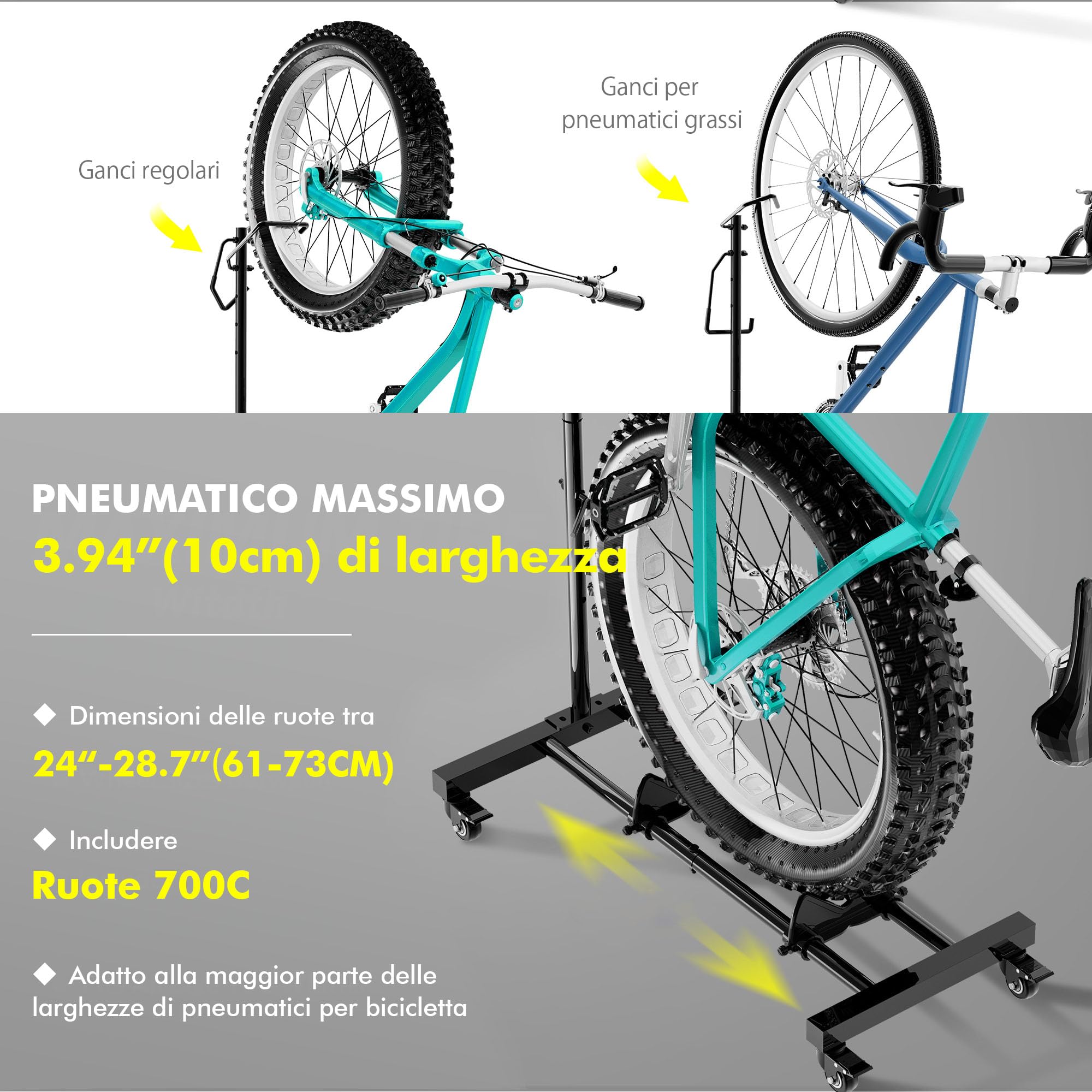 Mimoke Portabici con ruote, per mountain bike e bici da corsa fino a 29 pollici, regolabile in altezza, salvaspazio, ideale per appartamenti