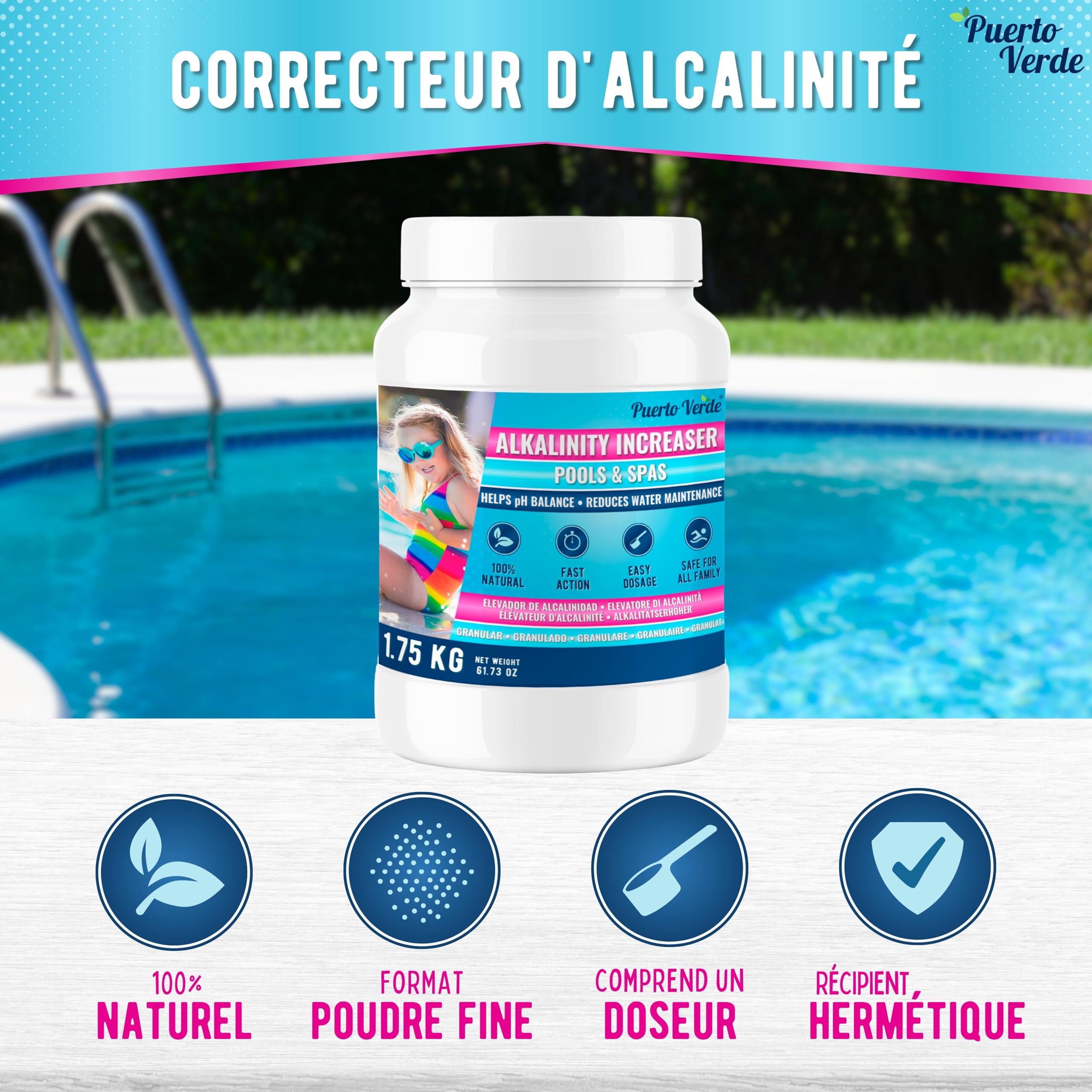 • Correcteur Alcalinité Piscine 1,75 Kg. Augmente l'Alcalinité Totale (TAC) & Corrige Le pH. Action Rapide et Efficace. Format Poudre Sûr pour Toute la Famille. Production Européenne.