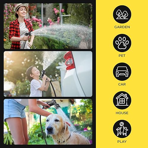 Miniatura 7 de Manguera de jardín plana de 50 pies  Manguera de goma a prueba de fugas con accesorios de latón y boquilla de 9 funciones  Manguera de agua ligera,