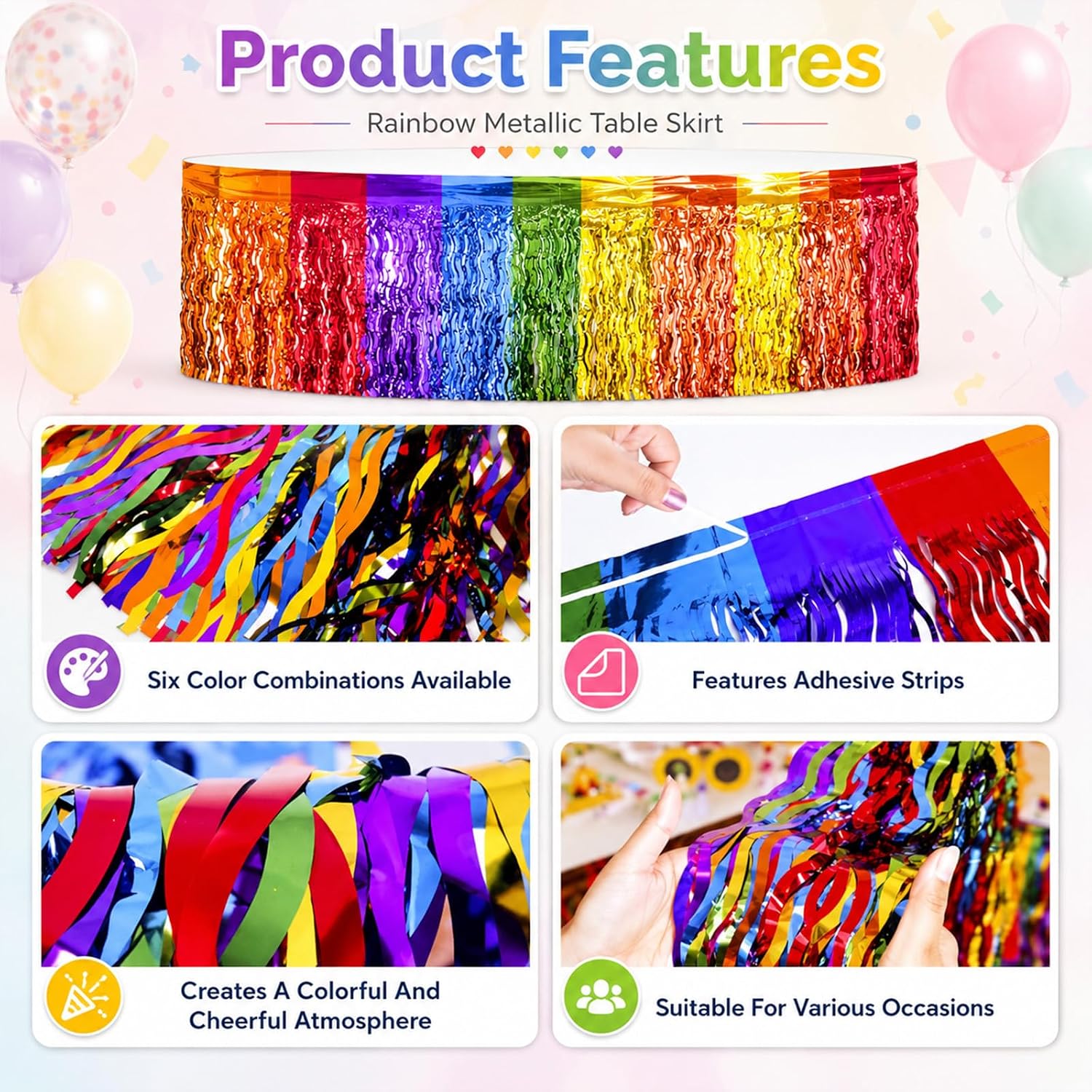 2Pcs Rainbow Table Skirt Tinsel Fringe 29.5"x108" Rainbow Party Decorations