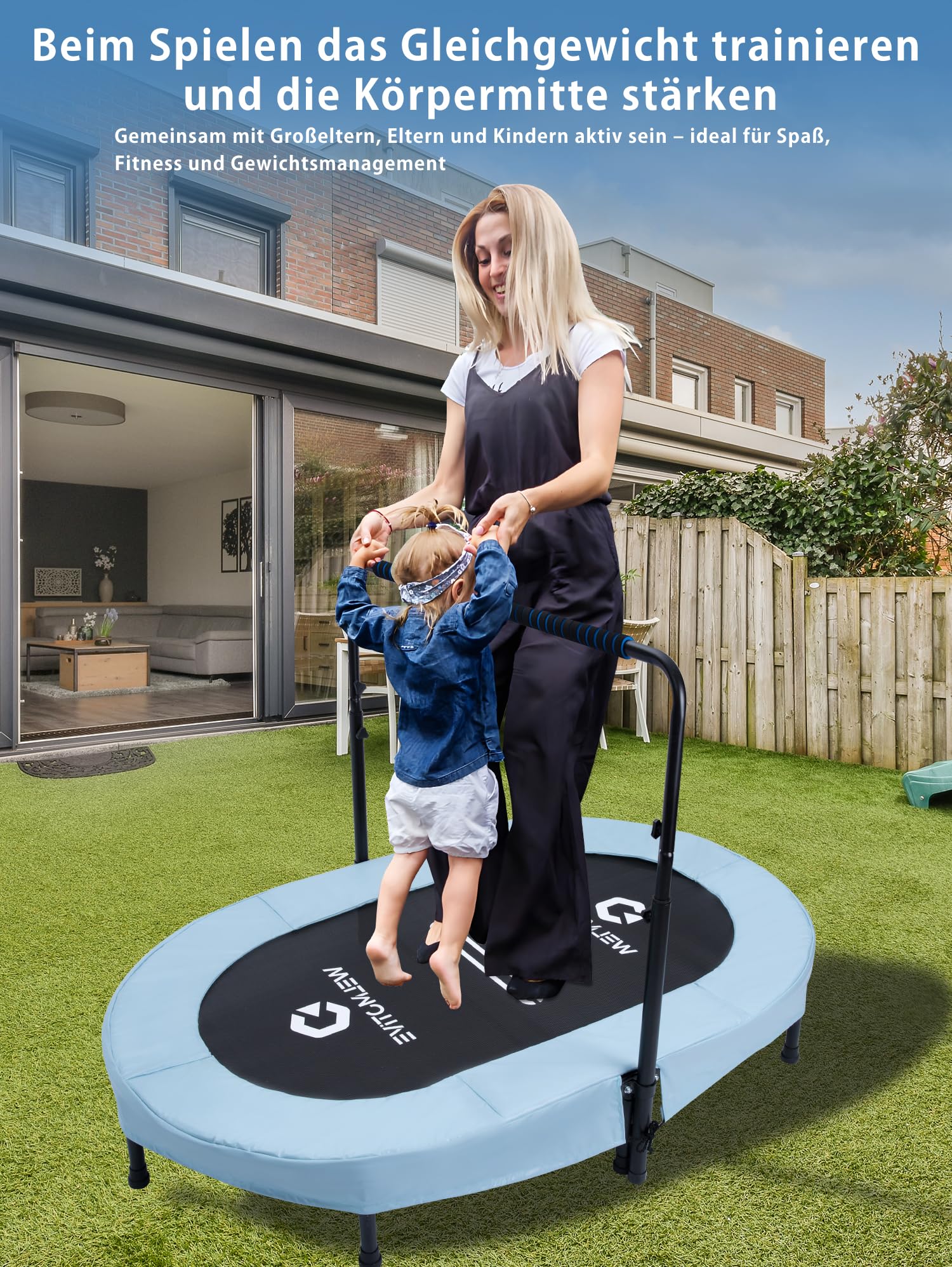 Ovales Indoor Trampolin für 2 Personen geräuscharm belastbar bis 150kg Ideal für Kinder & Erwachsene Fitness Muskelaufbau Gewichtskontrolle Sicher mit 40 Federn Geschenkidee