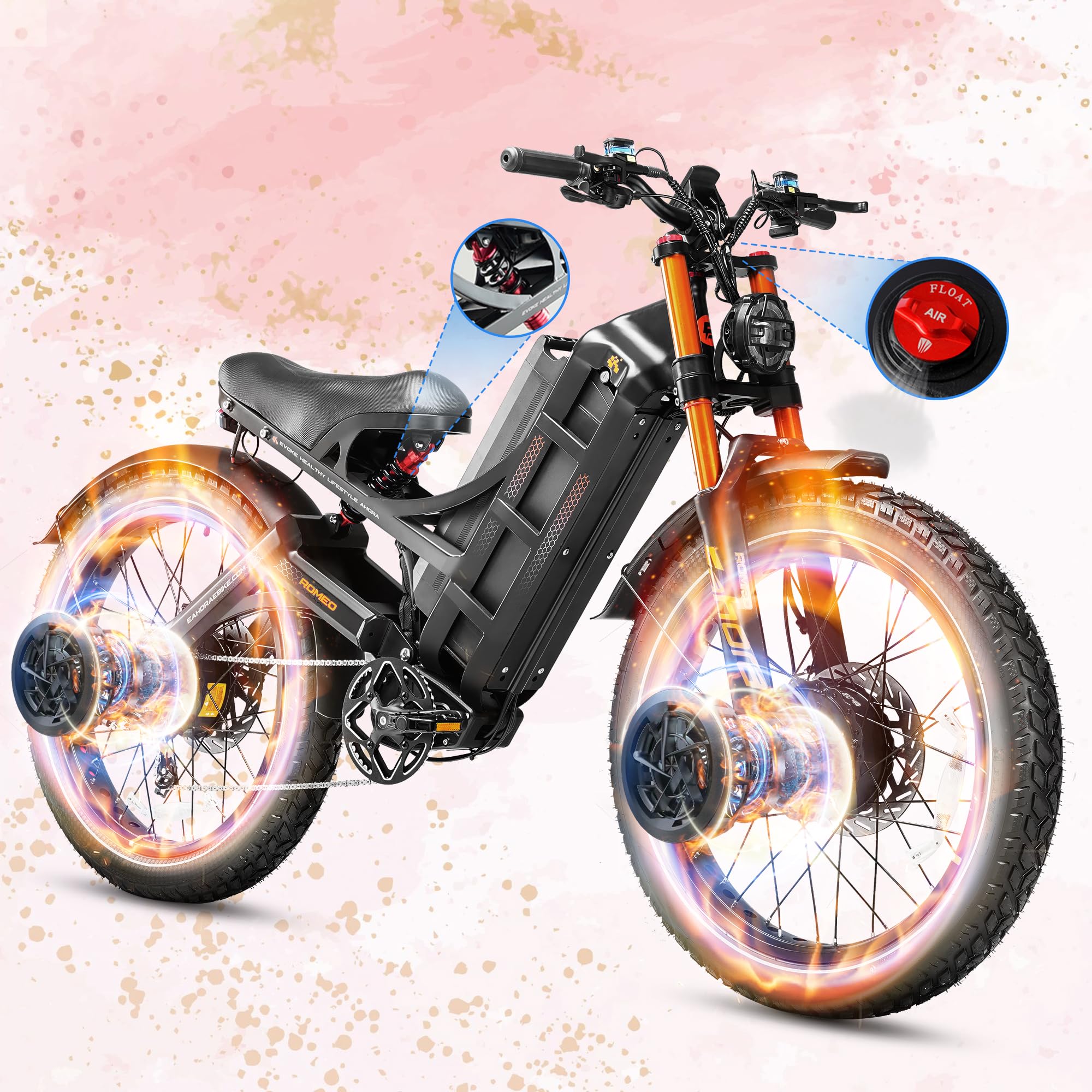 eAhora2025 Romeo Pro 3/2 50-46Mph Electric Bike for Adults, 5600W/4000W Dual Motor Ebike, 60V/80Ah 52V/70Ah 200+Miles Long Range E-Bike, 26 * 4.0" Fat Tire Full Suspension Electric Mountain Bike