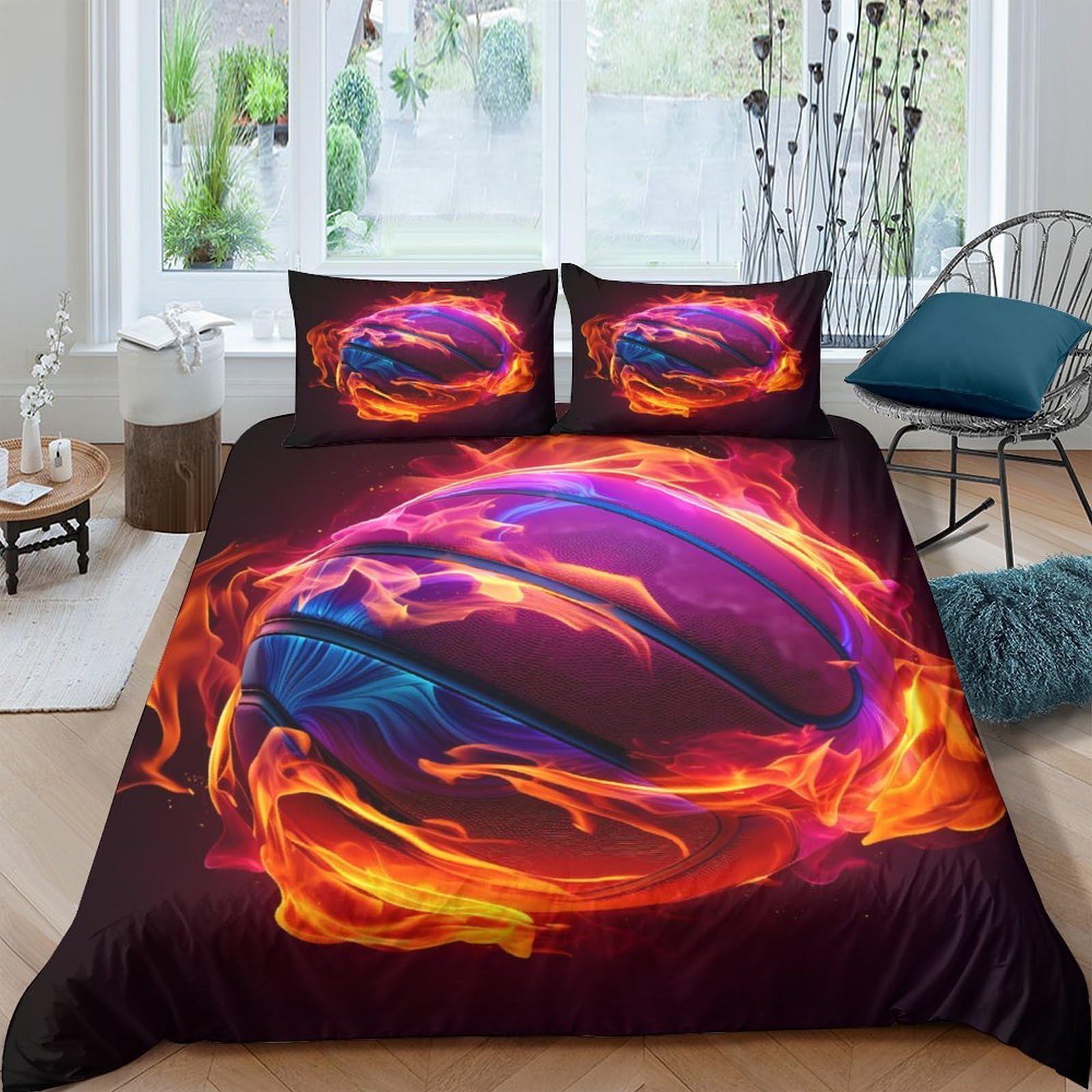 Ctjqhvkz Style-4 3D Printed Fiery Basketball Fitted Sheet Microfiber Vibrant Flame Bed Cover For Bedroom Dorm Mattress Protection Decor Single（135X200cm）
