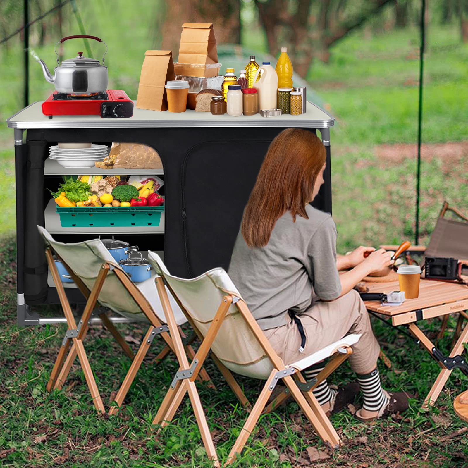 ACXIN Campingküche Faltbarer Campingschrank, Küchenbox Reiseküche, mit Alurahmen, Staufächer, Tischplatte, inkl. Tragetasche